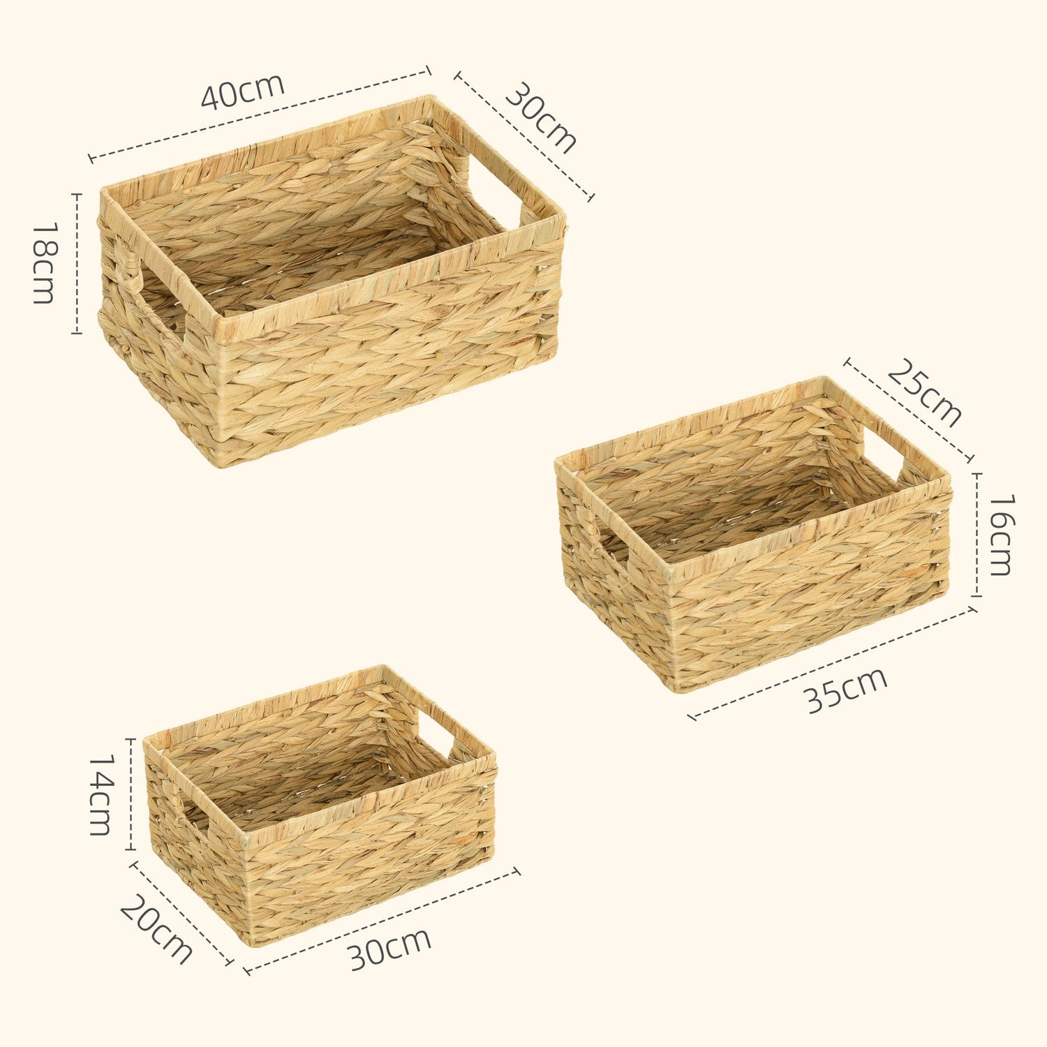Vävda förvaringskorgar för vattenhyacint, set om 3, 40x30x18 cm