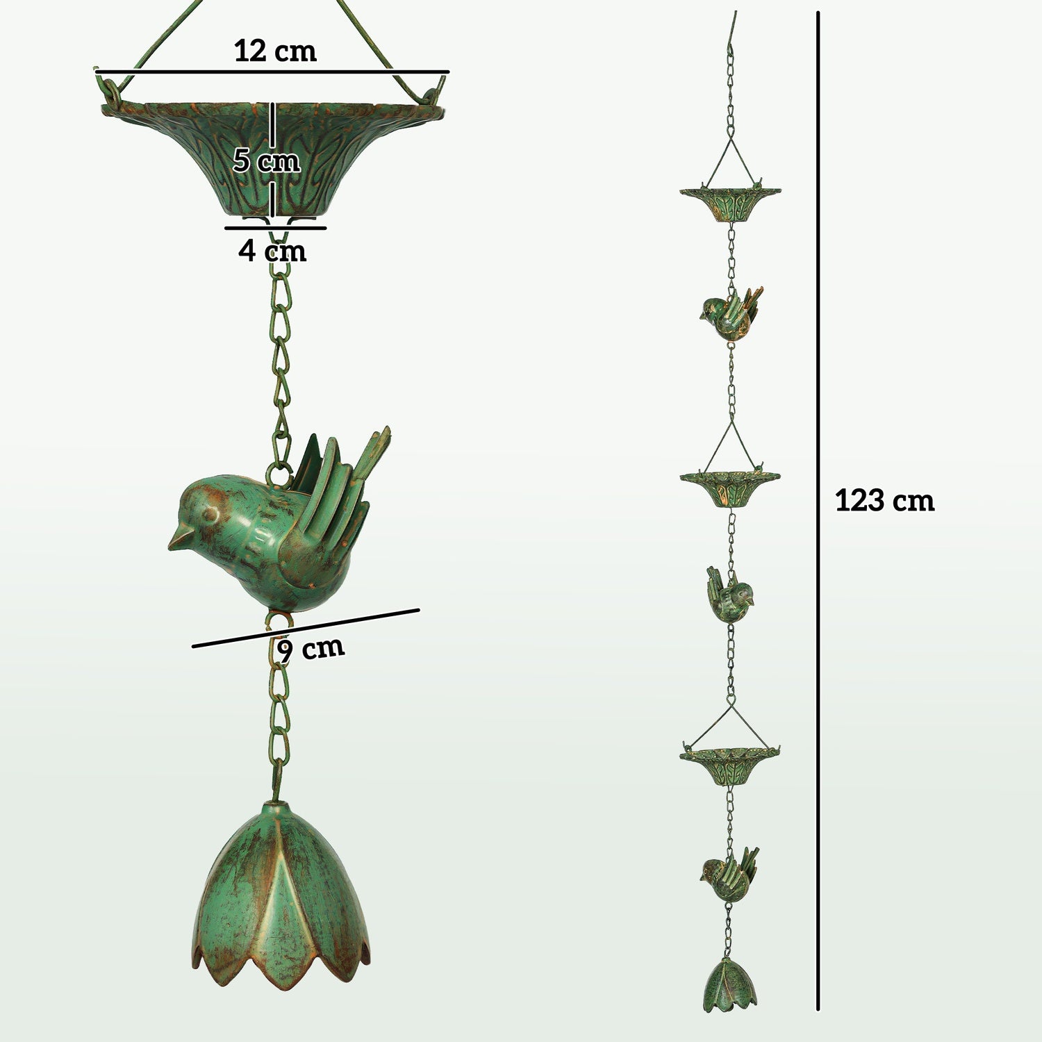 Metallregnkedjor för hängrännor, 3 set med klockor, 123 cm