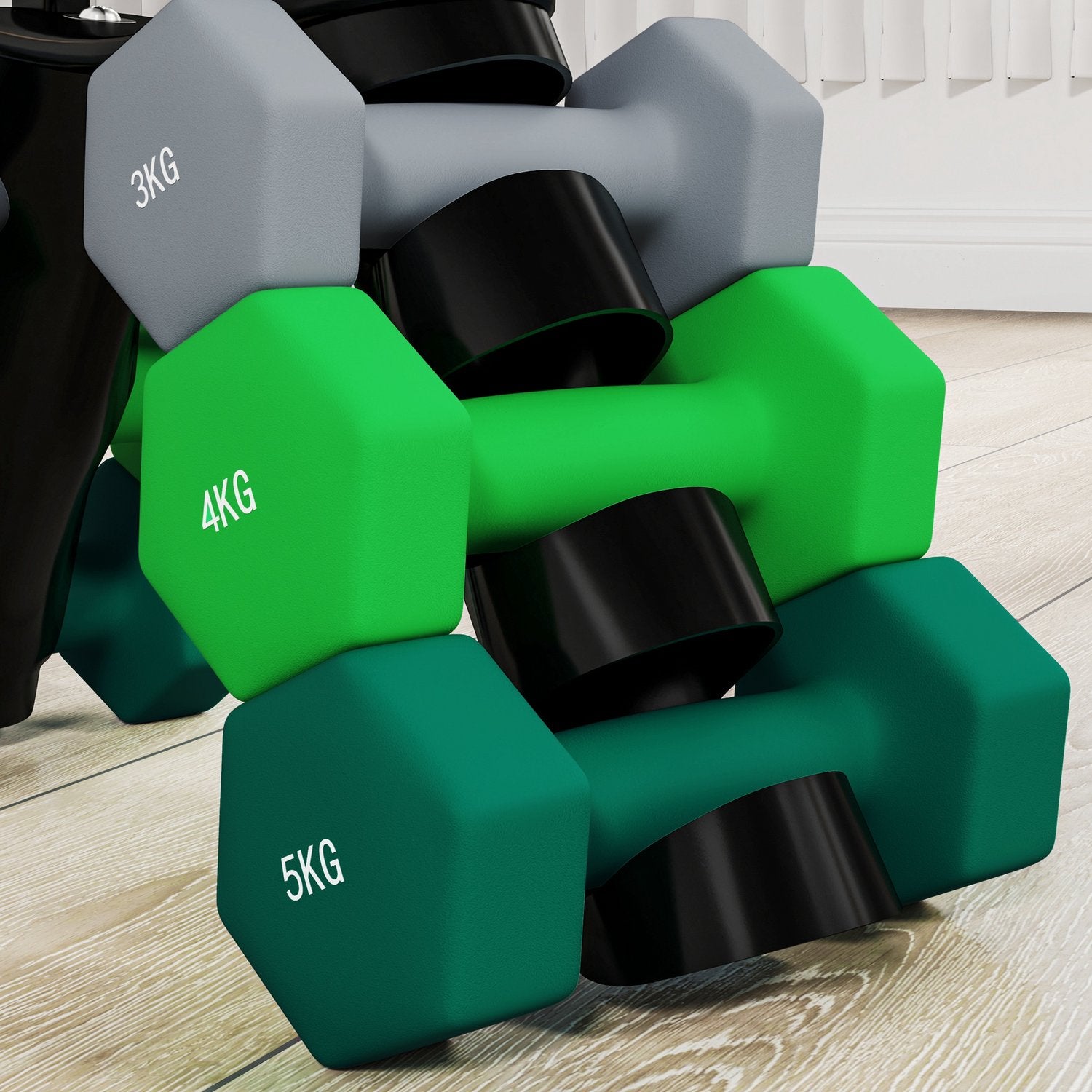 Hex hantelset med stativ – 3, 4, 5 kg vikter för hemmagym