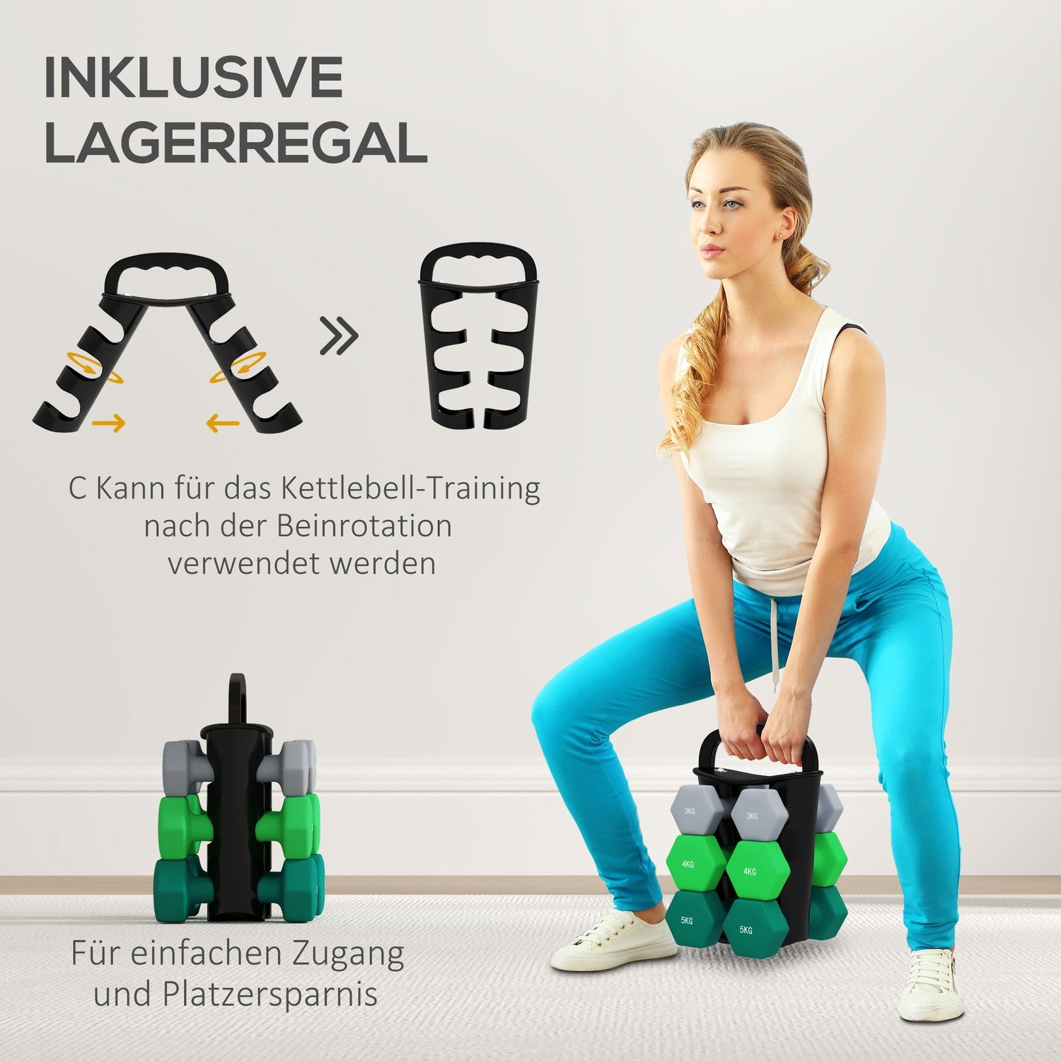 Hex hantelset med stativ – 3, 4, 5 kg vikter för hemmagym