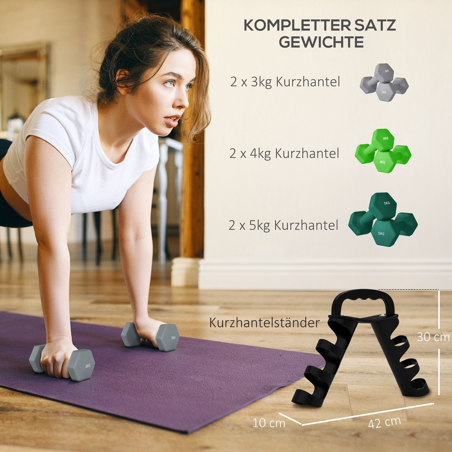 Hex hantelset med stativ – 3, 4, 5 kg vikter för hemmagym