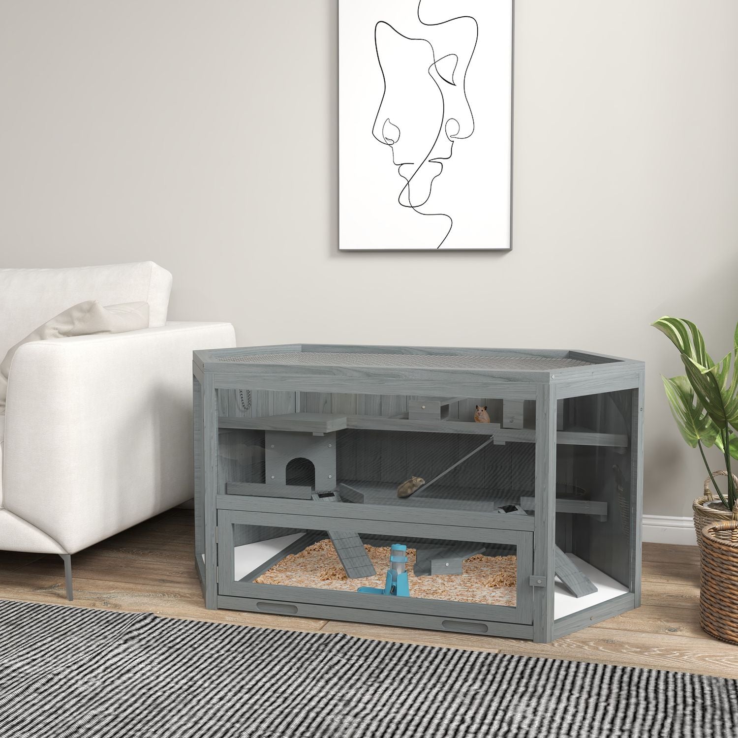 Sexkantig trägnagarbur med fällbart lock, 115x60x55 cm