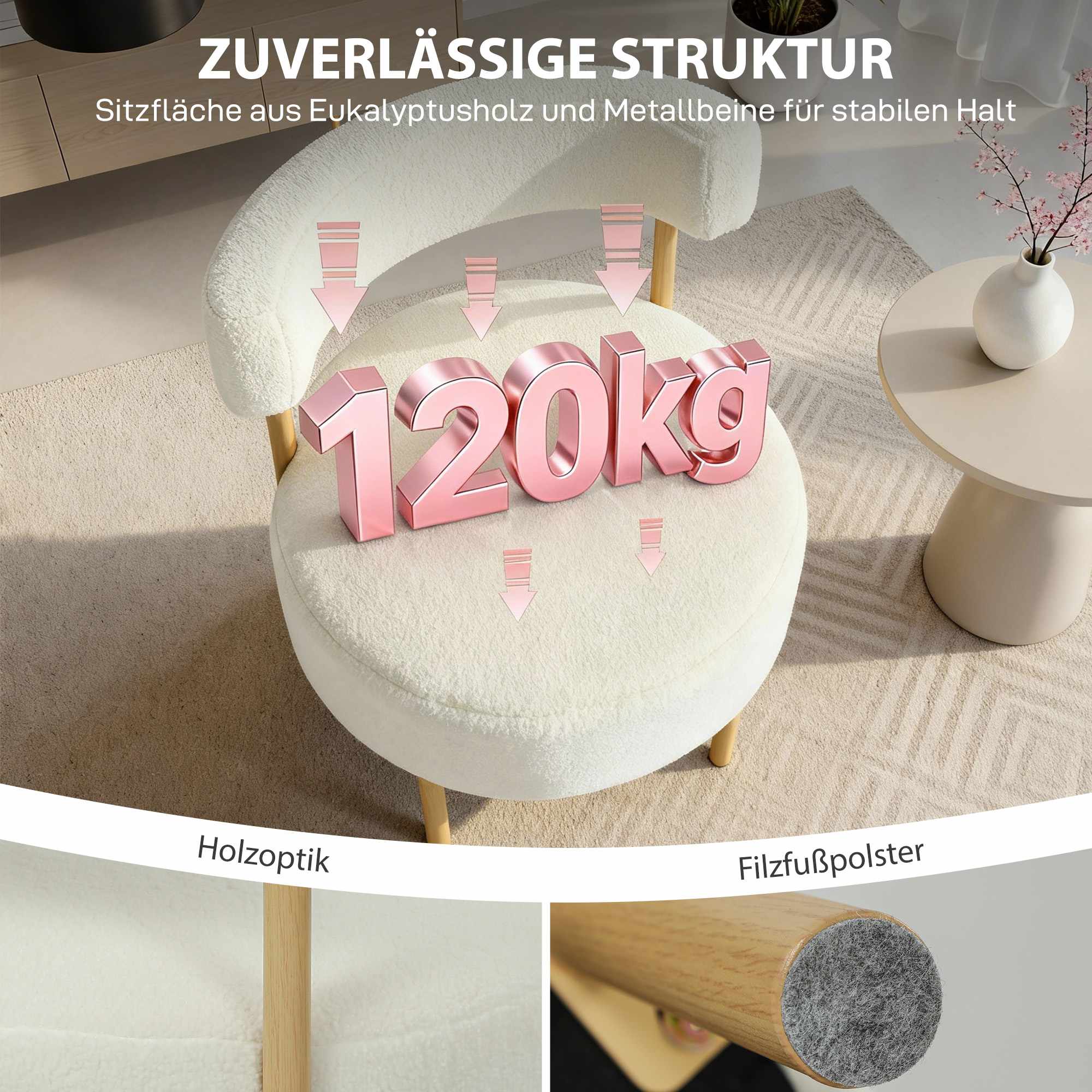 Sherpa-fleece fåtölj, metallben med träliknande utseende, krämvit