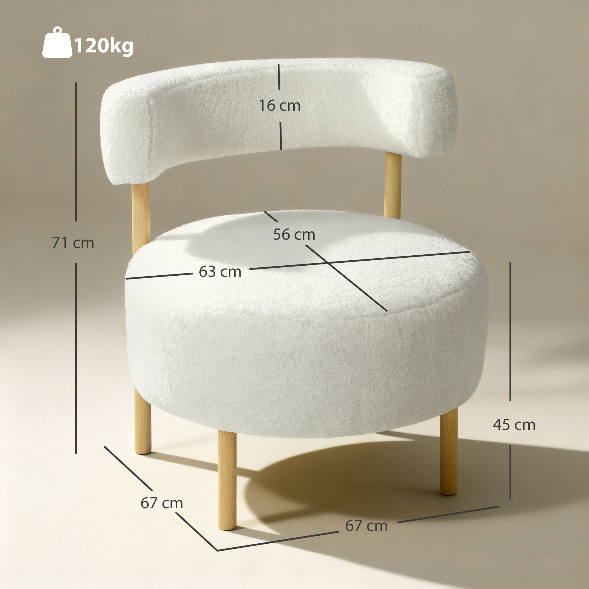Sherpa-fleece fåtölj, metallben med träliknande utseende, krämvit