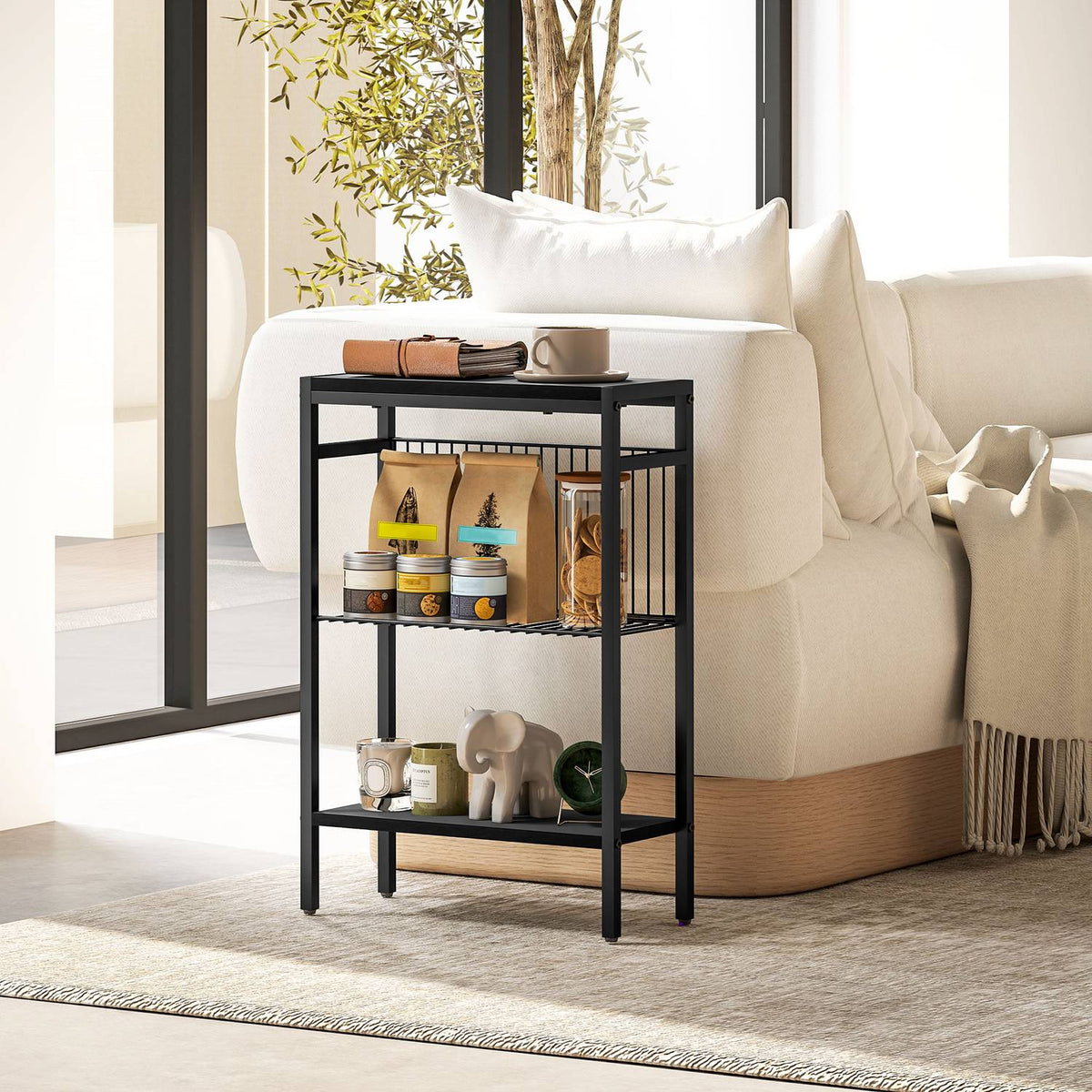 Sidebord, design i 3 etasjer, hyller med treutseende, stålramme, svart