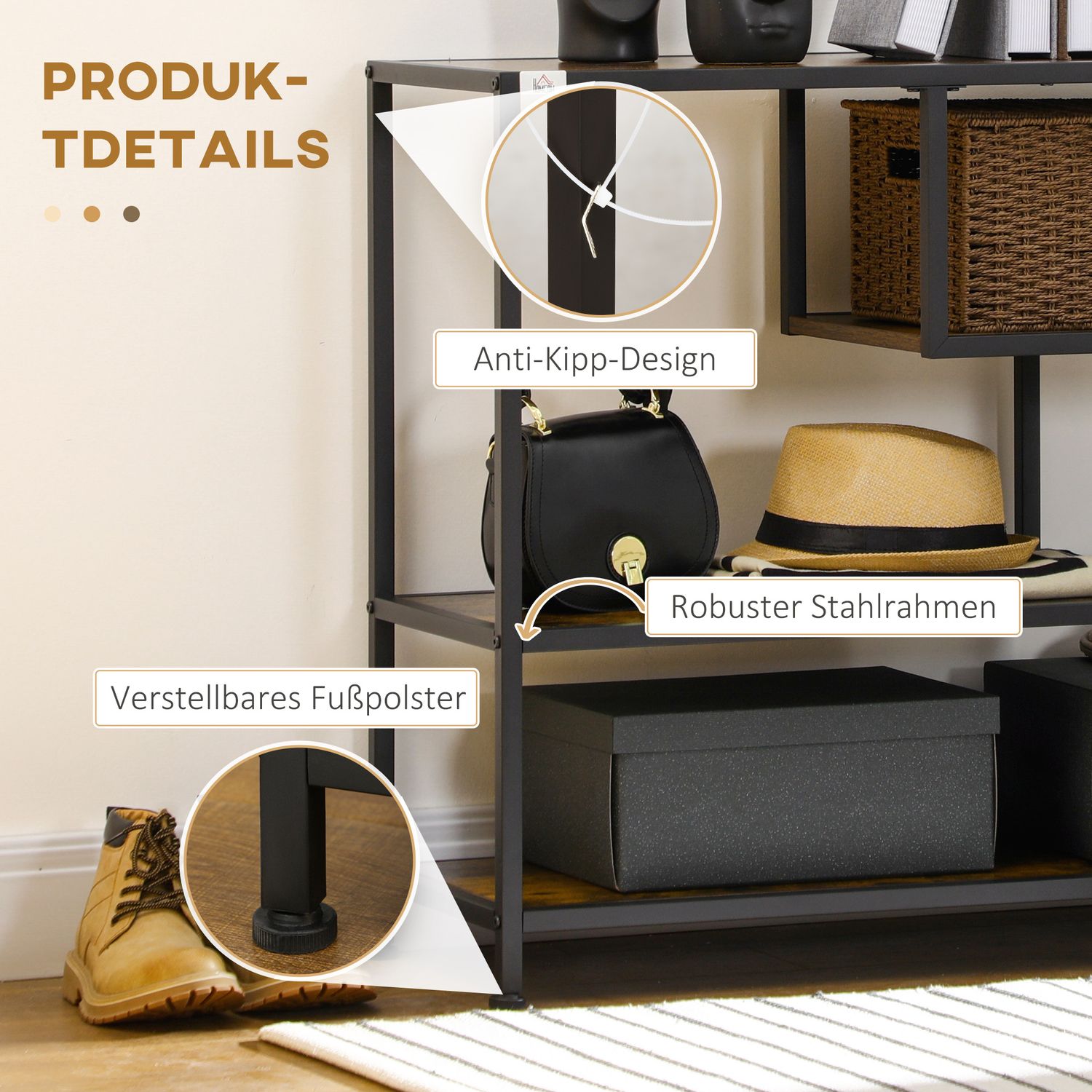 Svart smalt konsolbord – 4 hyllor & spetsskydd