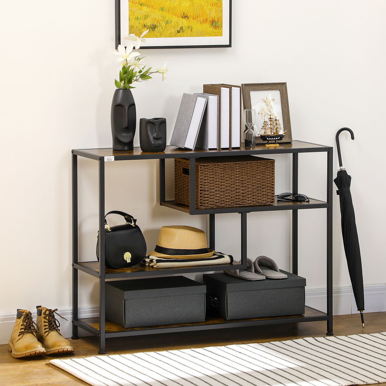 Svart smalt konsolbord – 4 hyllor & spetsskydd