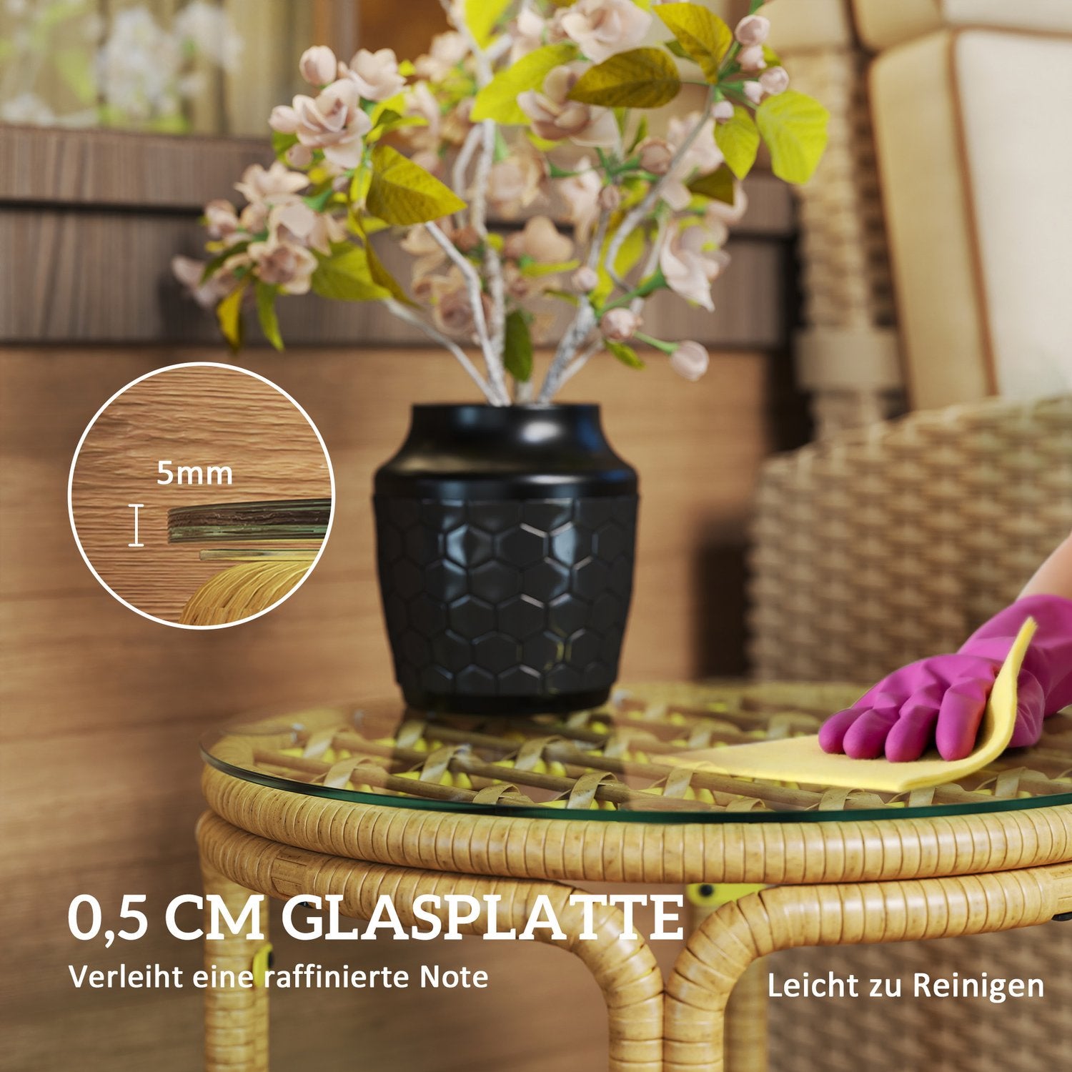 Runt sidobord i polyrattan, Glasskiva, Ø50 cm, Gul