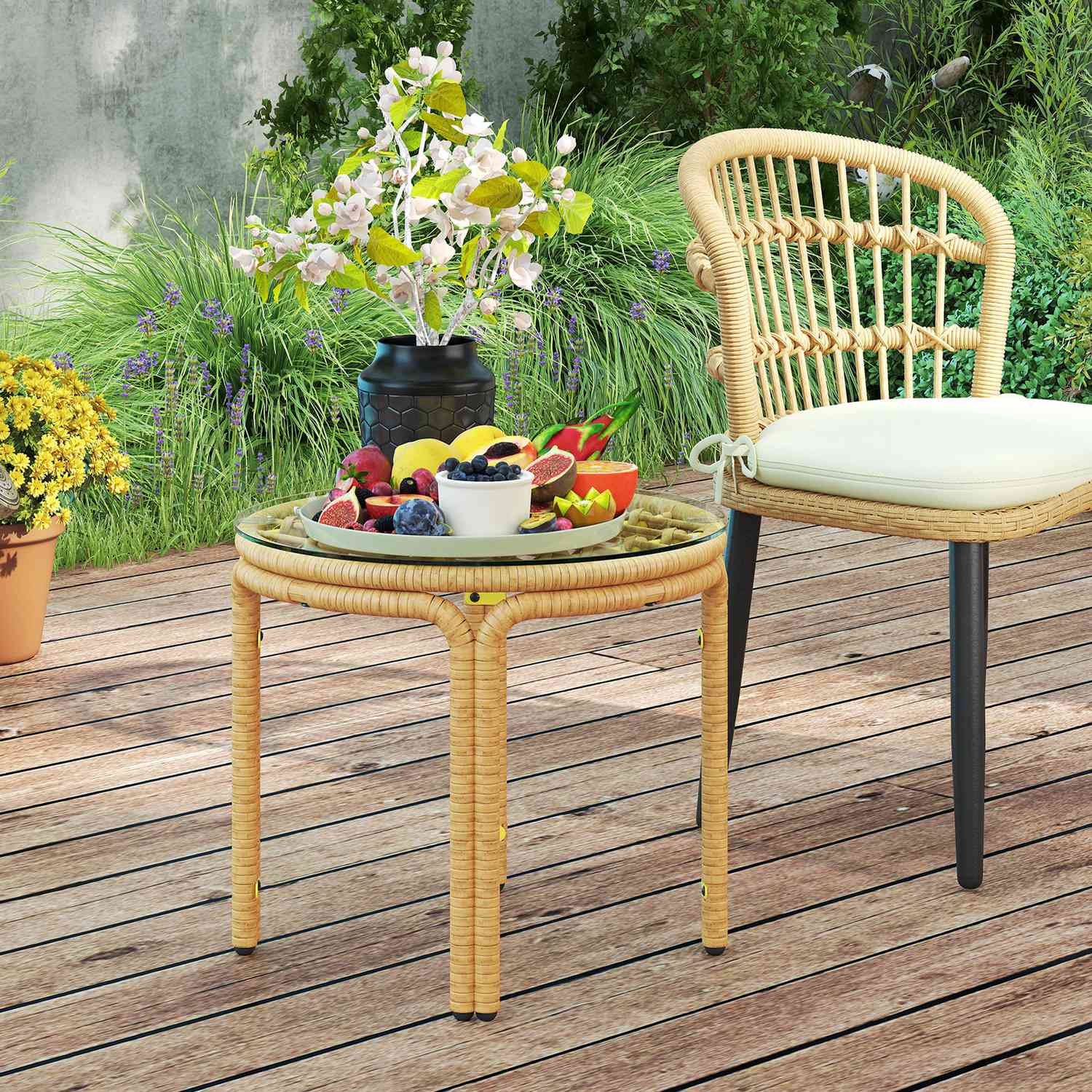 Runt sidobord i polyrattan, Glasskiva, Ø50 cm, Gul