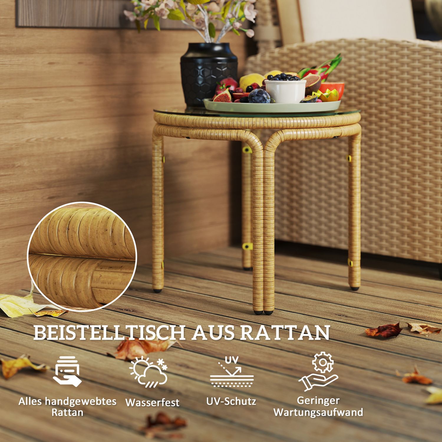 Runt sidobord i polyrattan, Glasskiva, Ø50 cm, Gul