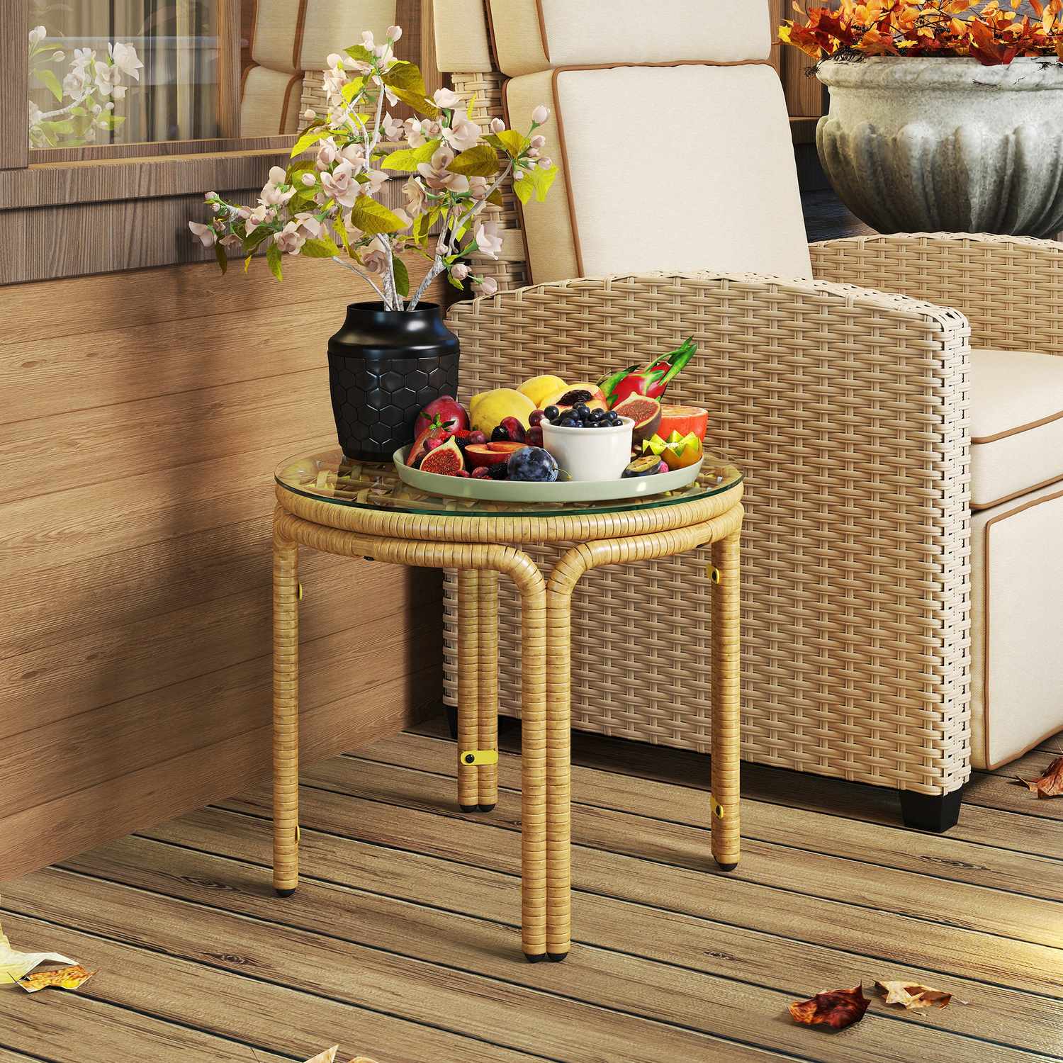 Runt sidobord i polyrattan, Glasskiva, Ø50 cm, Gul