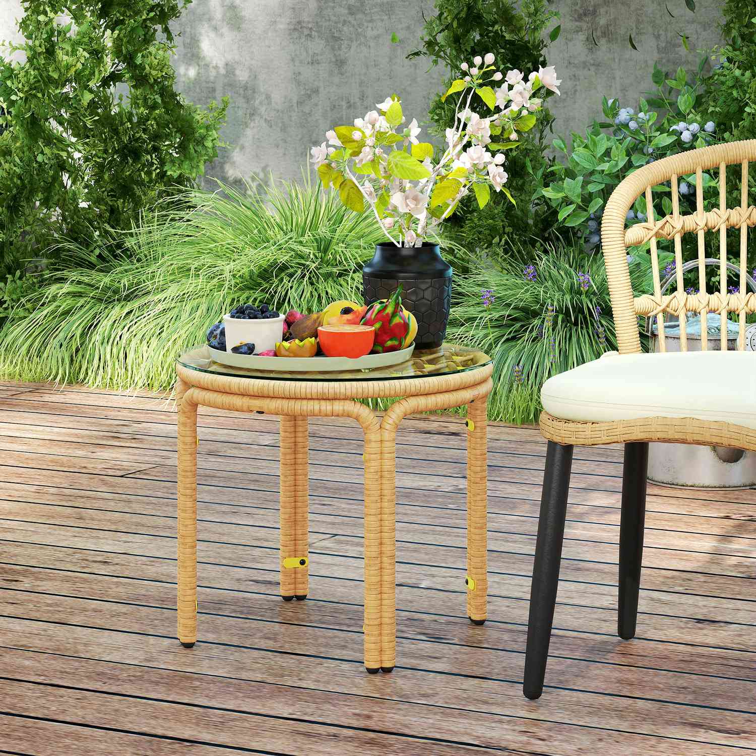 Runt sidobord i polyrattan, Glasskiva, Ø50 cm, Gul