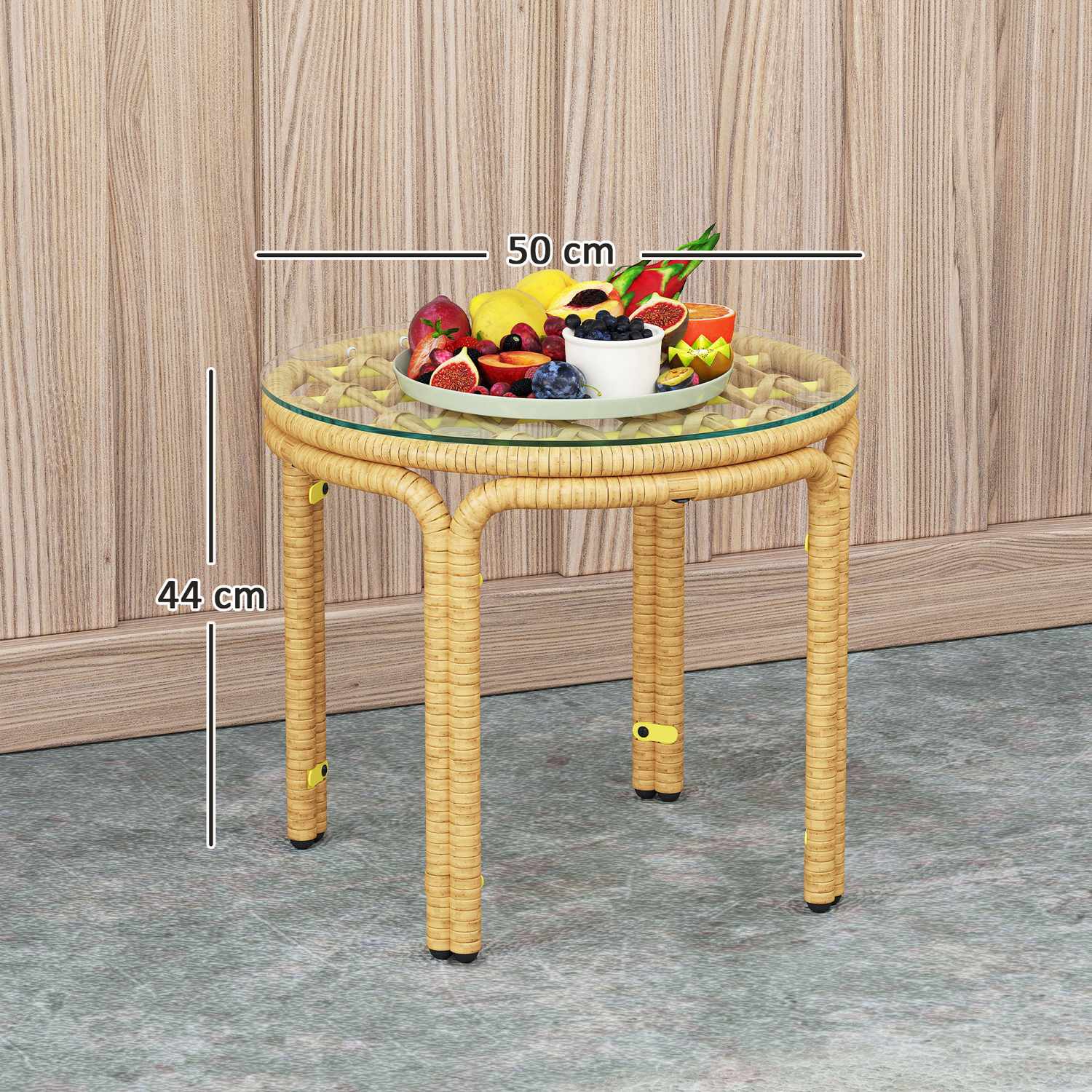 Runt sidobord i polyrattan, Glasskiva, Ø50 cm, Gul