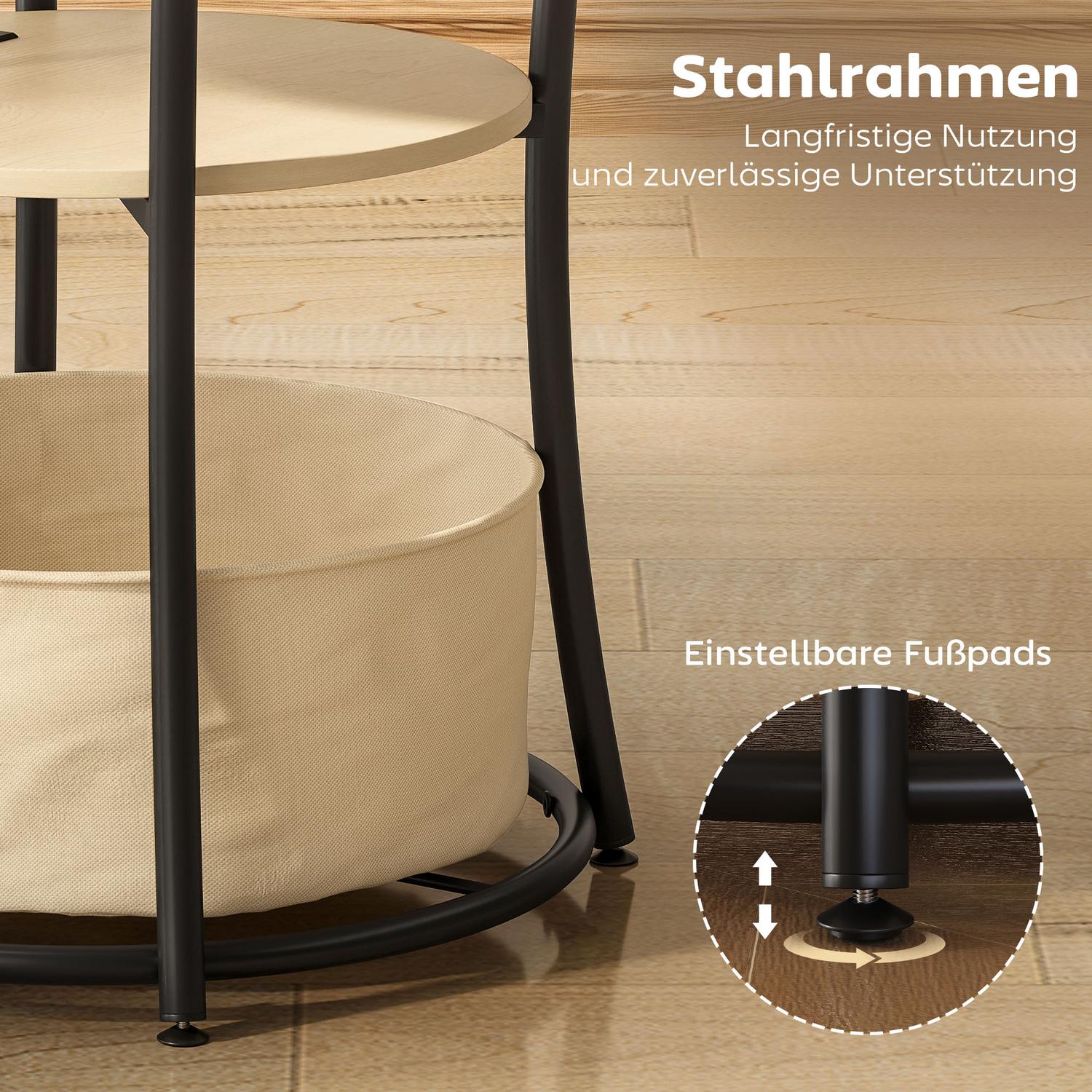 Sidobord med laddningsstation, förvaring i 3 nivåer, naturträ