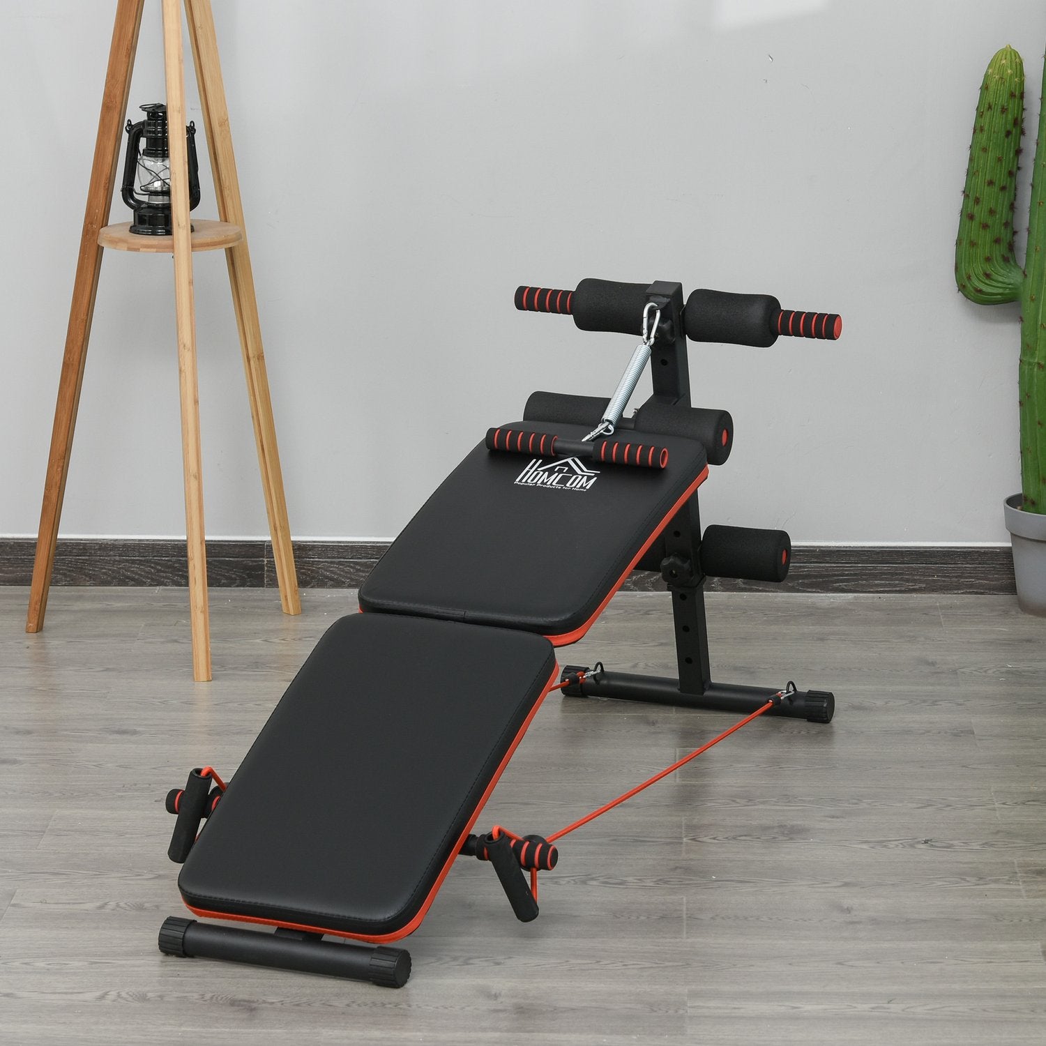 Sit Up Bänk med träningslinor, justerbar och hopfällbar