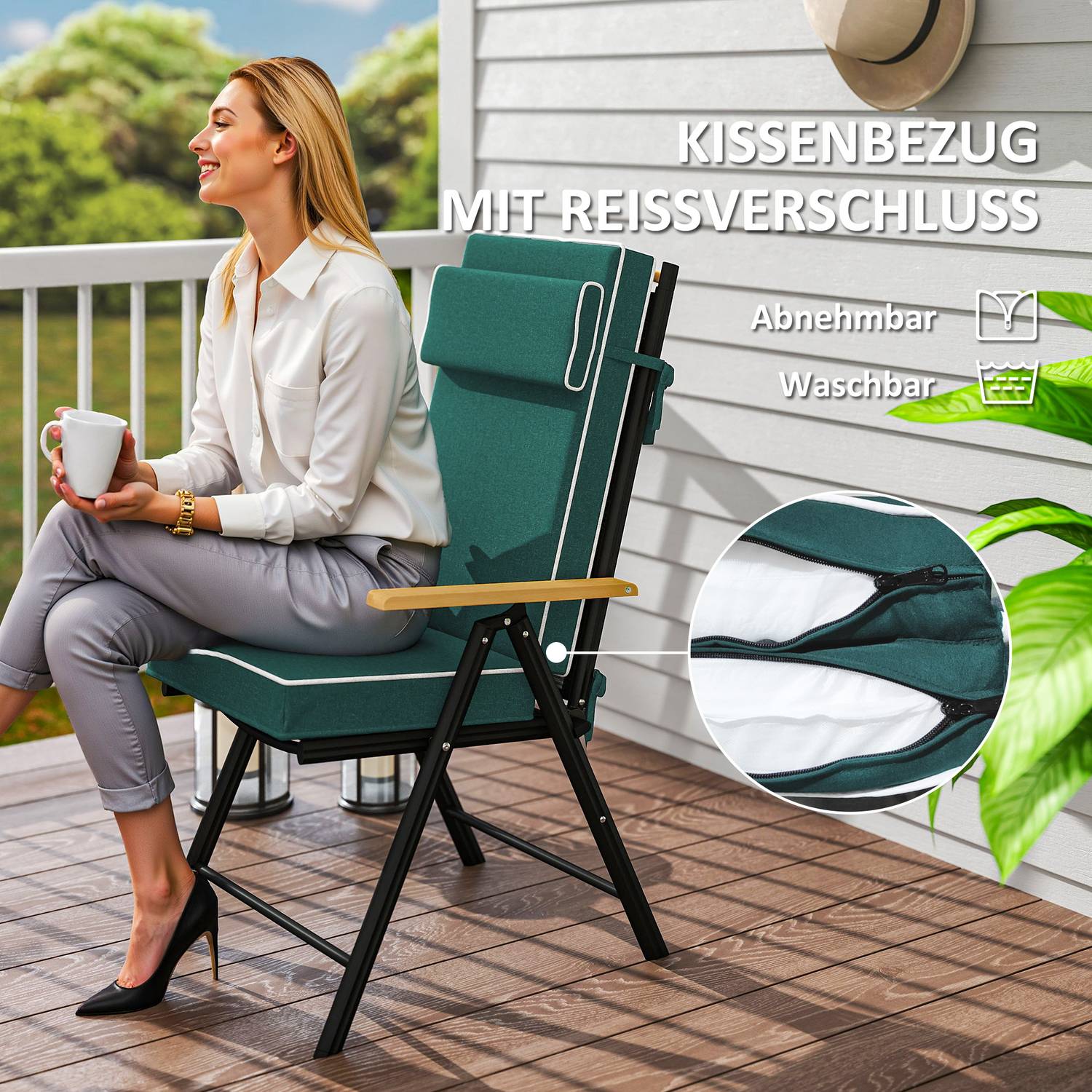 Vattenavvisande grön sittdyna med knytband – 120x47x9,5 cm