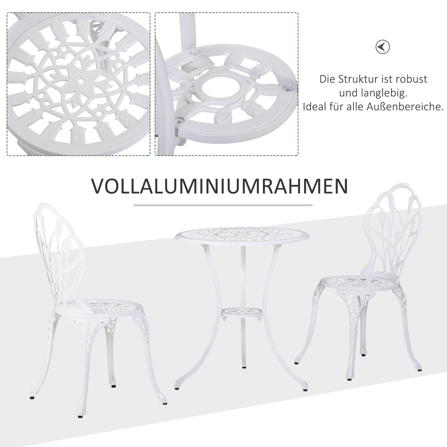 2-personers matsalsset i aluminium med bord och stolar, vit