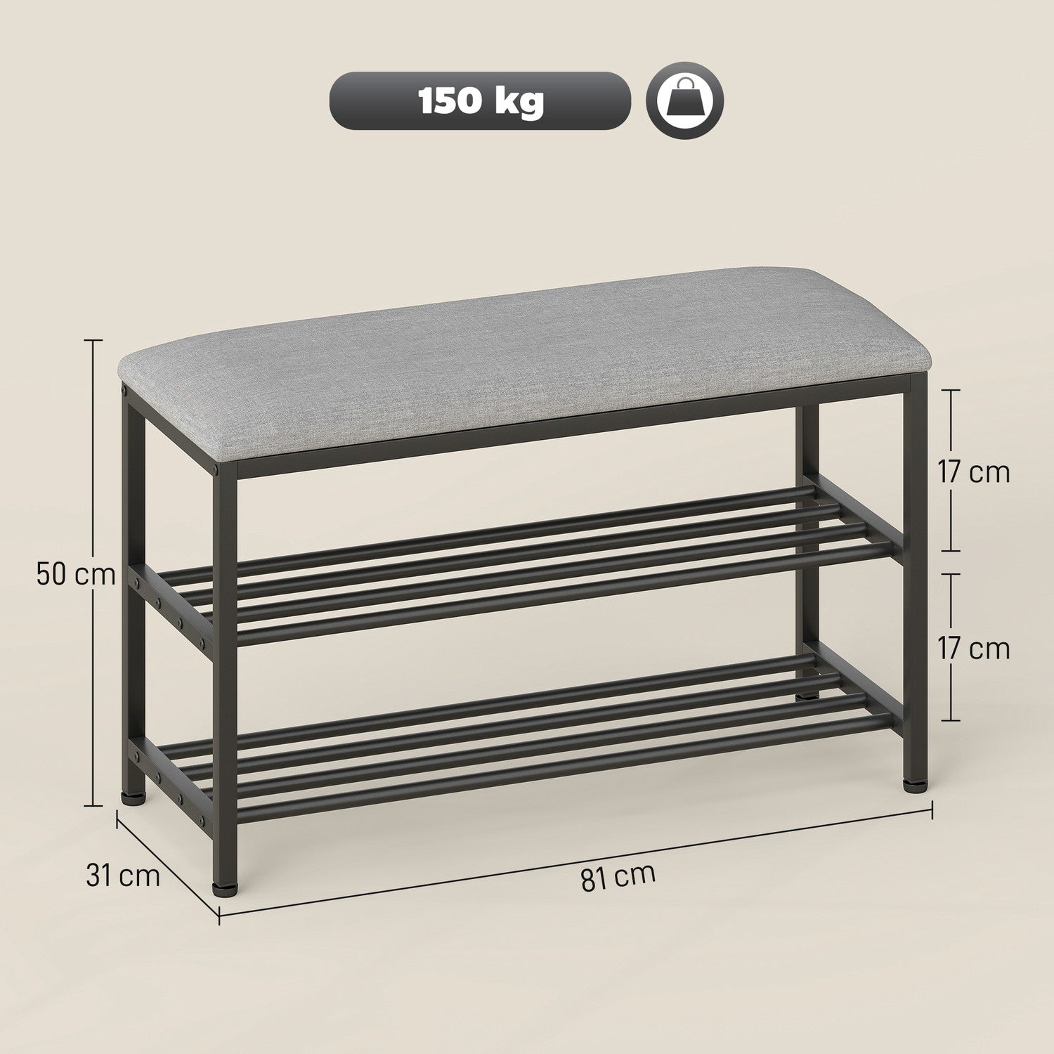 Sitzbank mit Staurum, Schuhregal, Schwarz, 81x31x50 cm