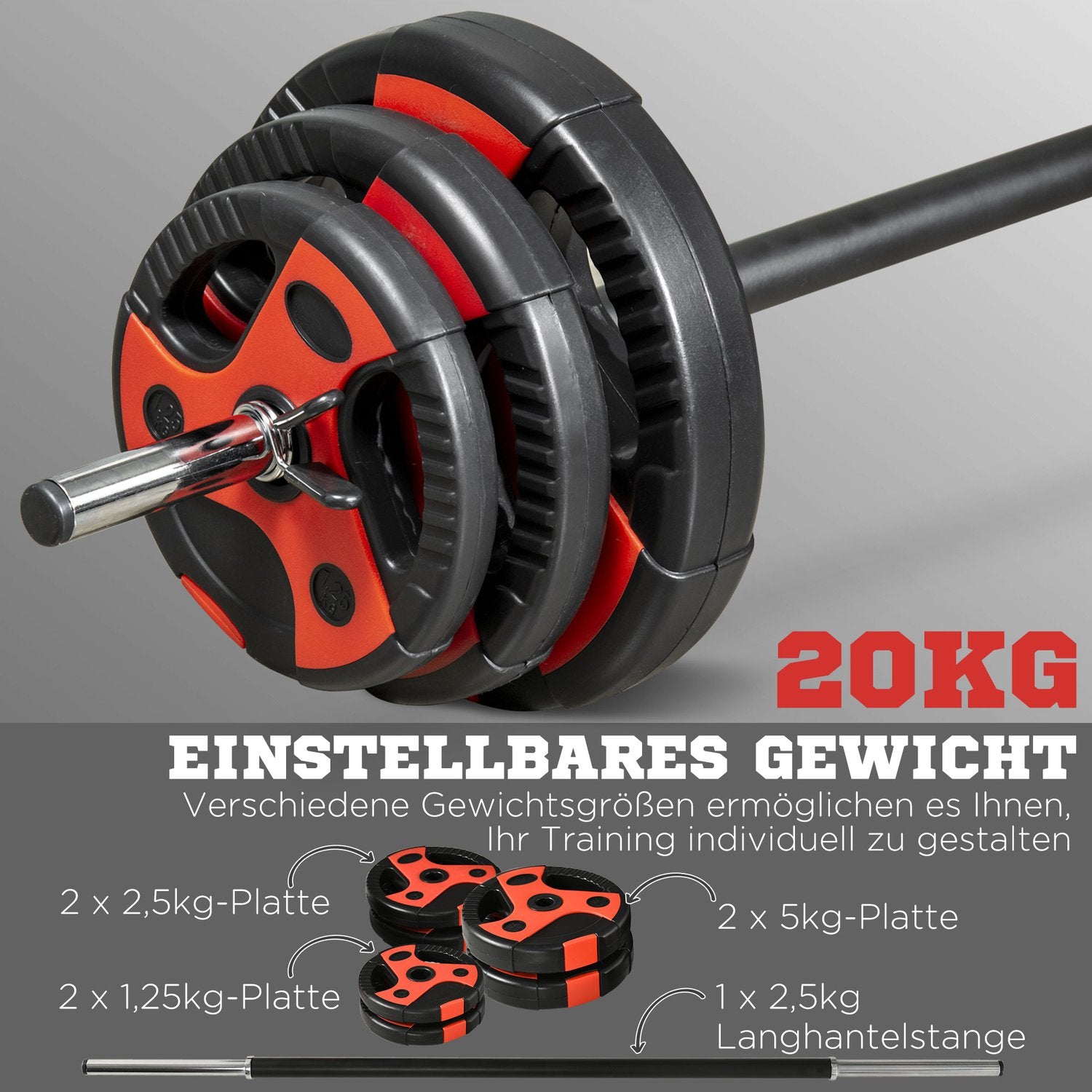 Justerbart 20 kg skivstångsset med halkfritt handtag, golvsäkert