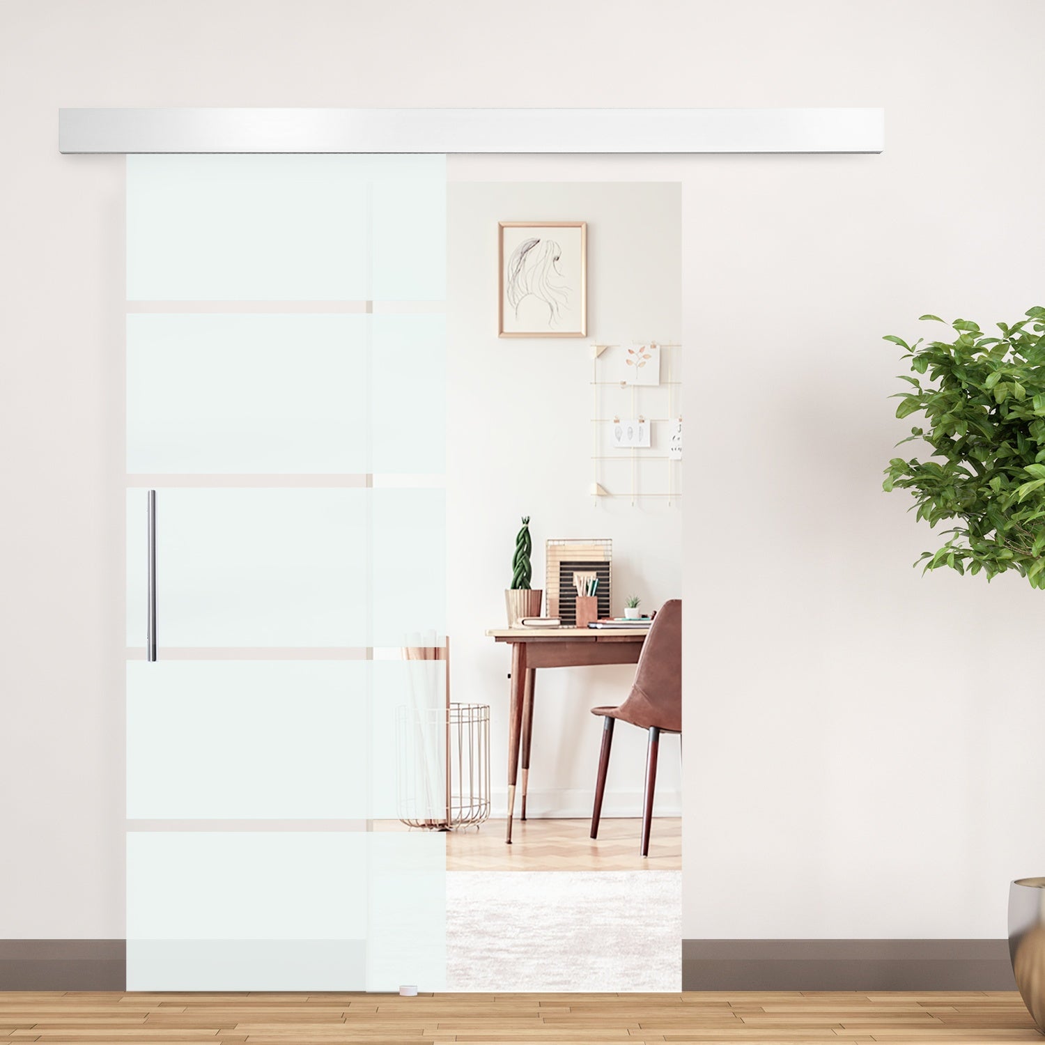 Skjutdörr i glas med randig satinfinish, 2050x900mm