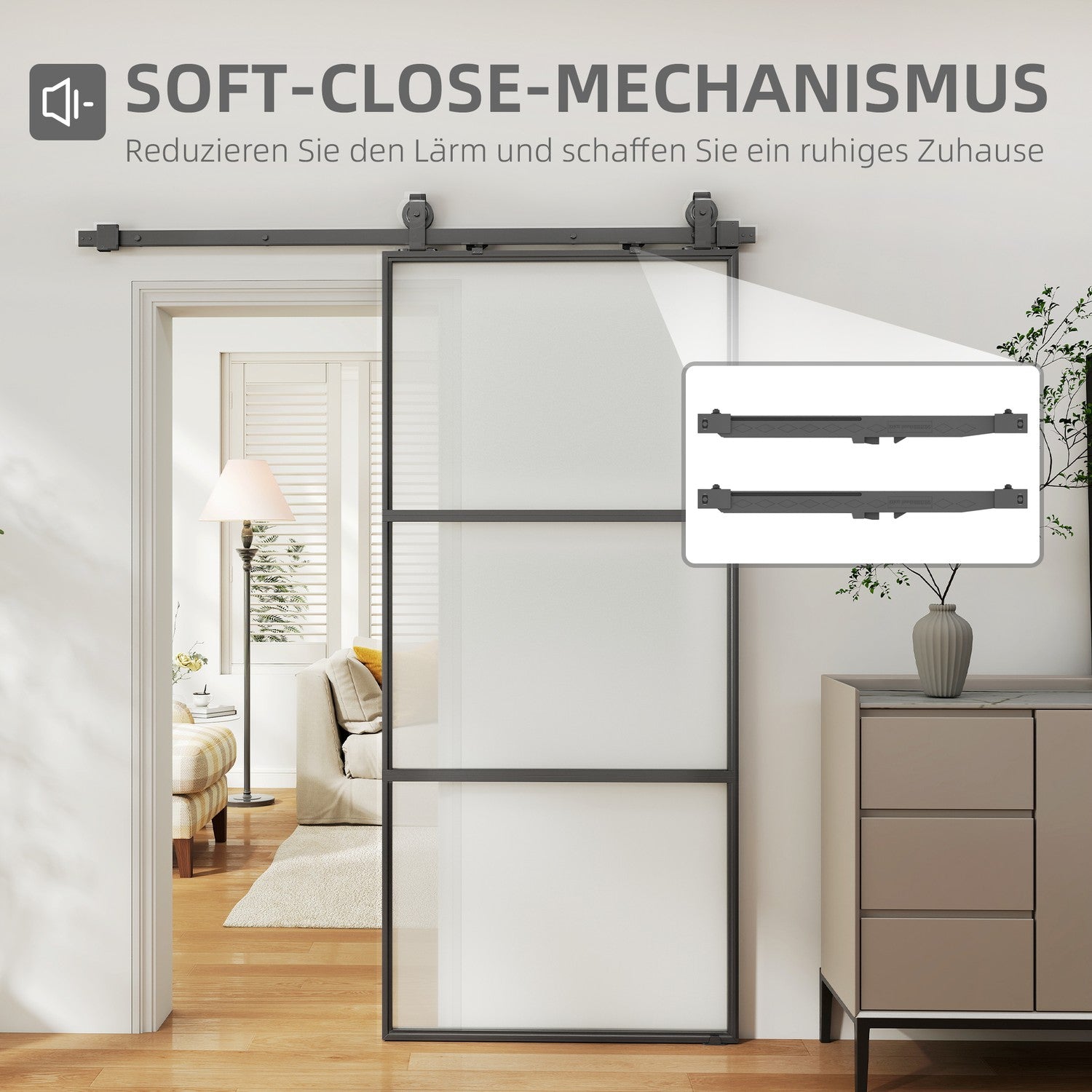 Skjutdörrssats med frostat glas, soft-Close, svart stål
