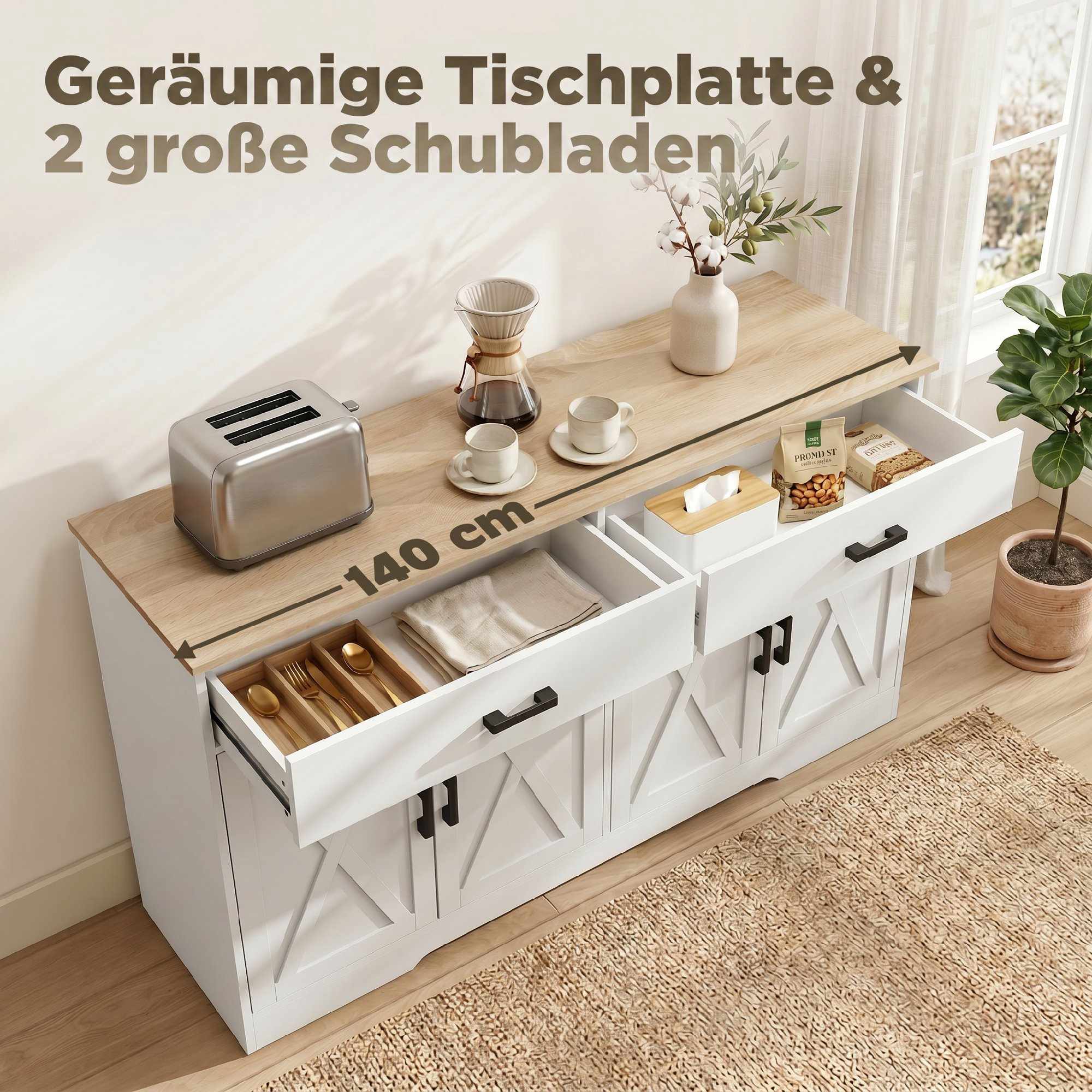 Skänk i lantlig stil, buffé, 140 cm, 2 lådor, vit