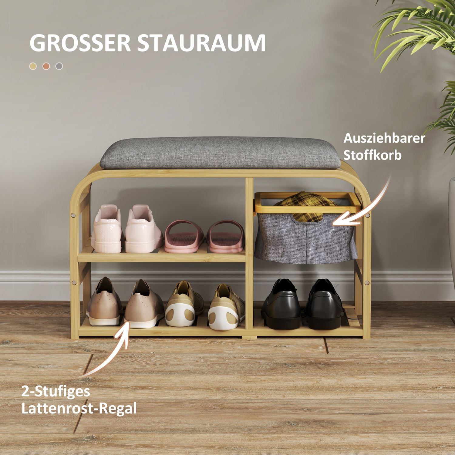 Bambu skobänk med utdragbar korg, passar 5 par, grå