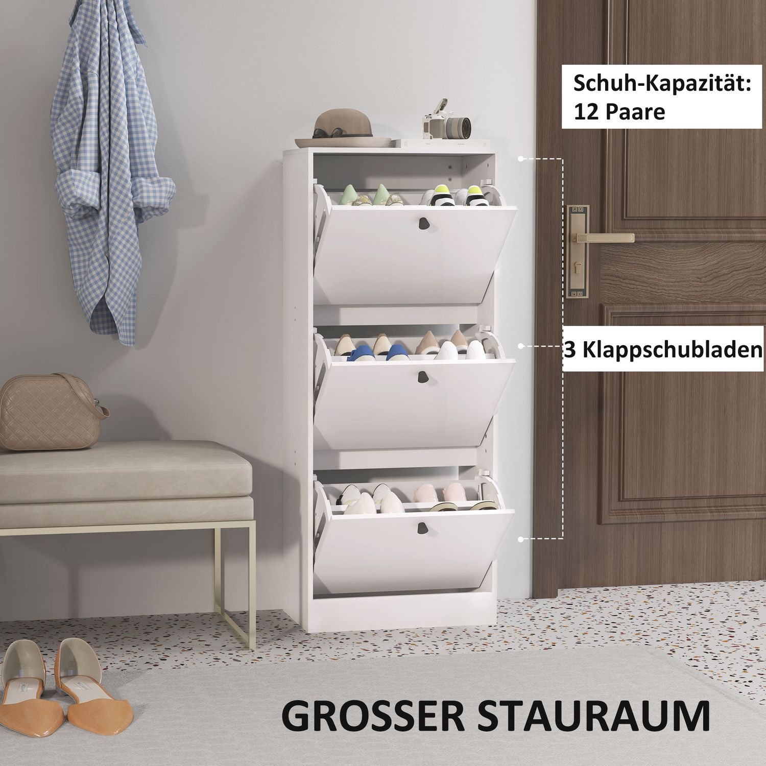 Skoskåp med 3 klaffar, justerbart för 12 par