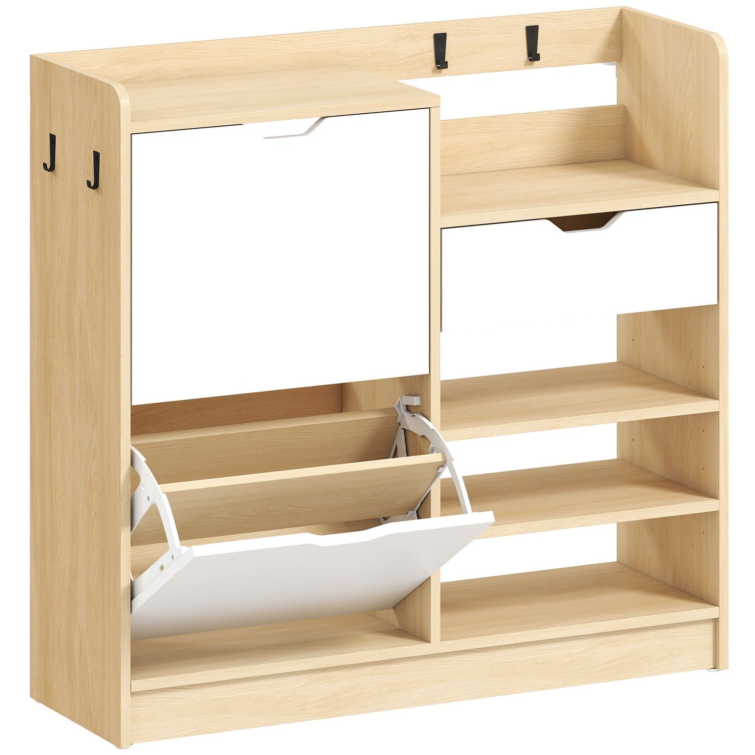 Skoskåp med flip-lådor, öppna hyllor, 4 krokar
