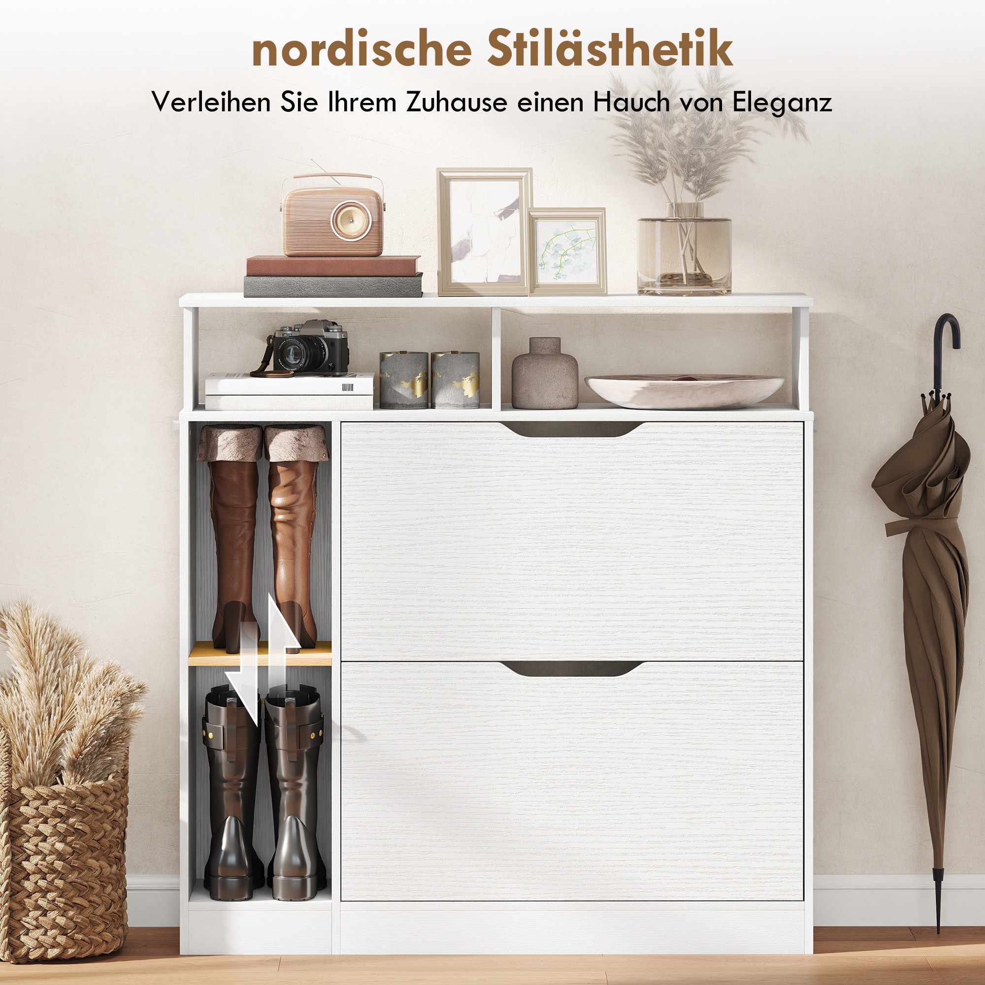 Skoskåp med justerbara avdelare, 2 nedfällbara dörrar, vit