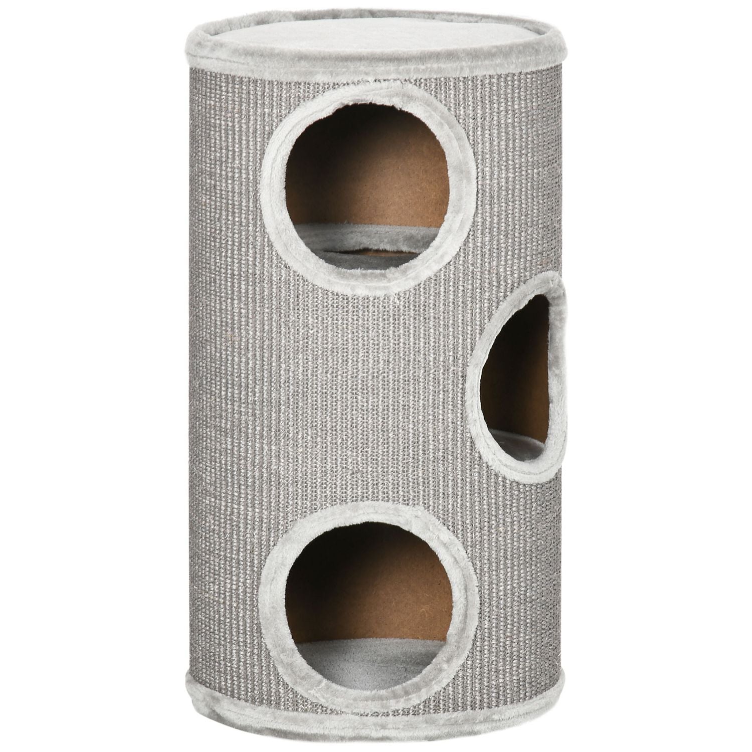 Cat Scratching Barrel med sisal & plysch, 3 grottor, ljusgrå