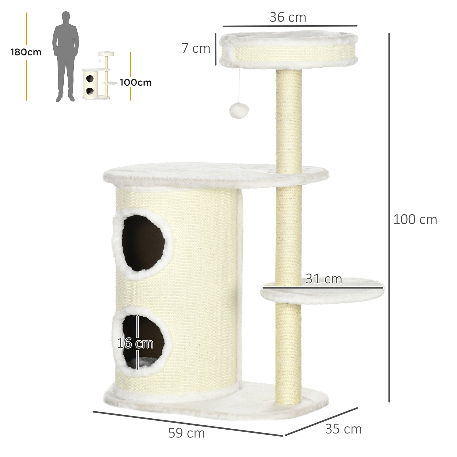 Kattskrapstolpe 100 cm med fat, sisal, lekboll