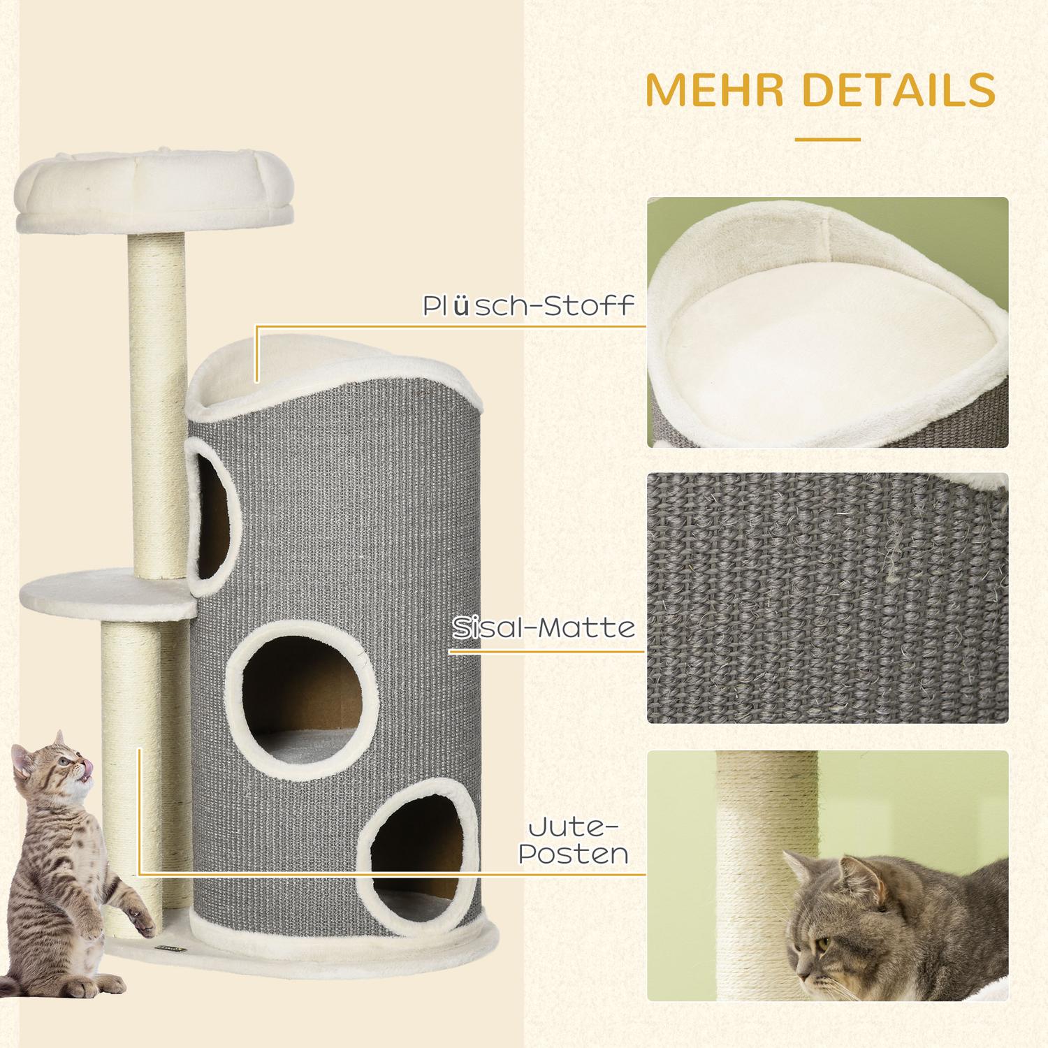 Kattträd 109cm med skrapfat & säng, grå/vit