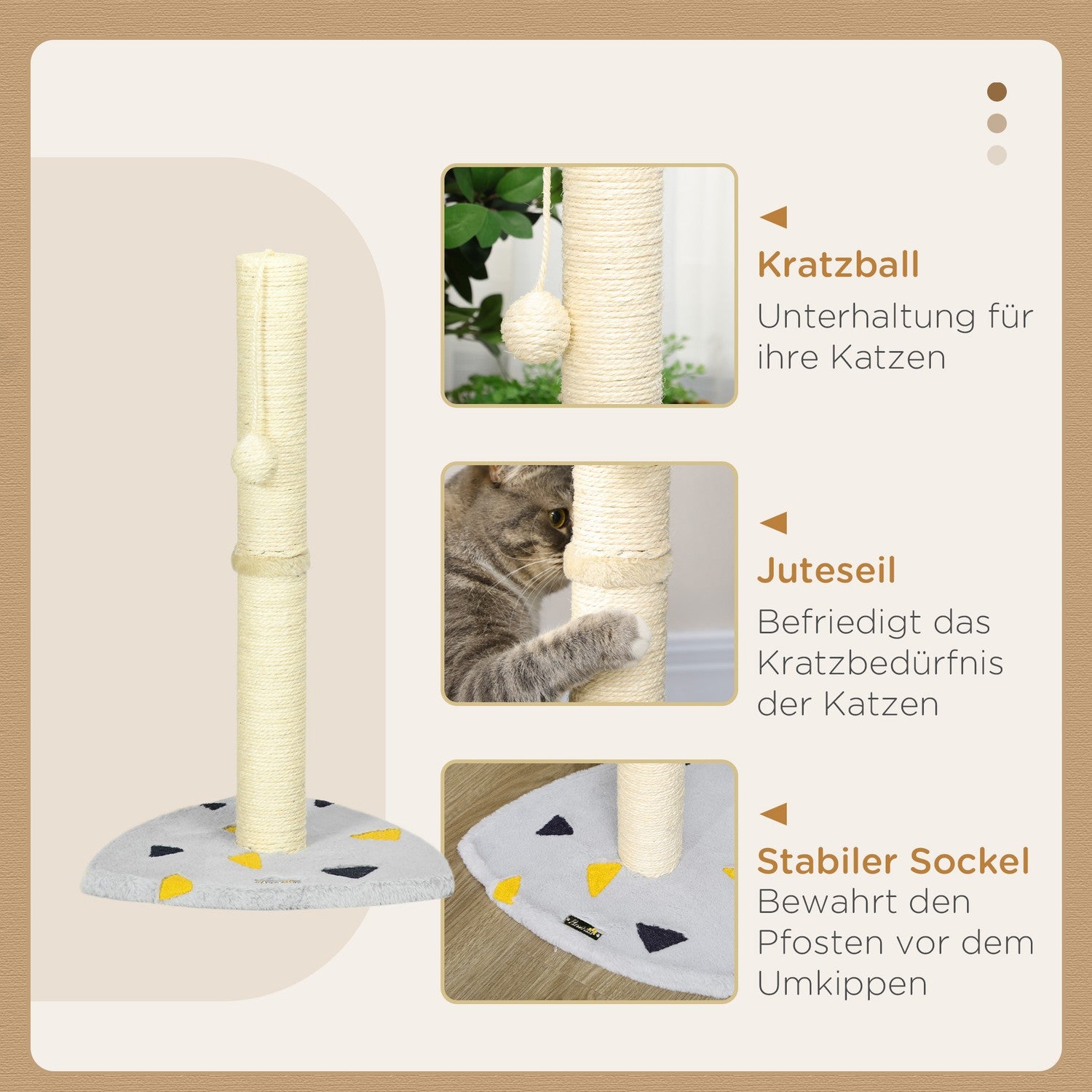 Kattskrapstolpe, 62 cm jute med boll - ljusgrå/beige