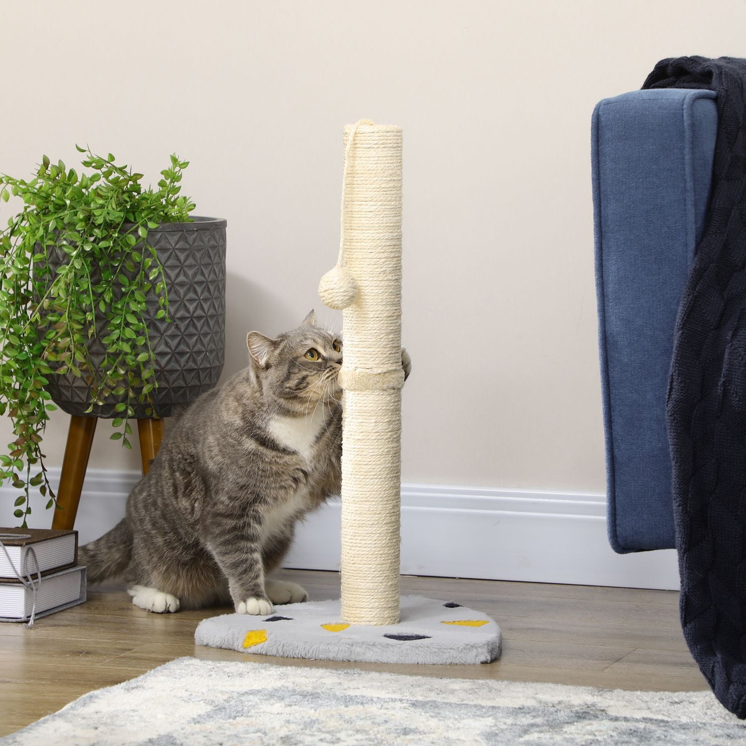 Kattskrapstolpe, 62 cm jute med boll - ljusgrå/beige