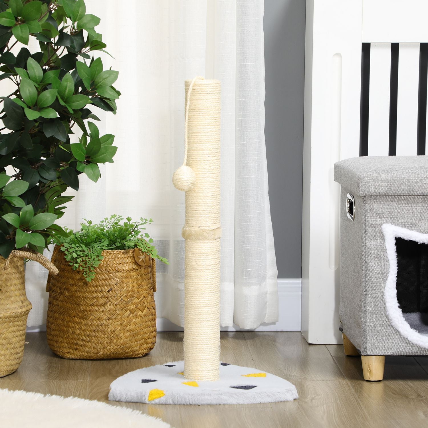 Kattskrapstolpe, 62 cm jute med boll - ljusgrå/beige