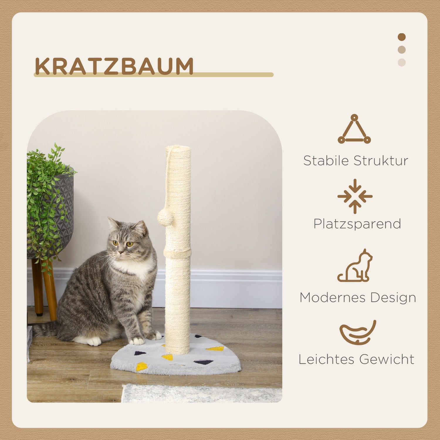 Kattskrapstolpe, 62 cm jute med boll - ljusgrå/beige