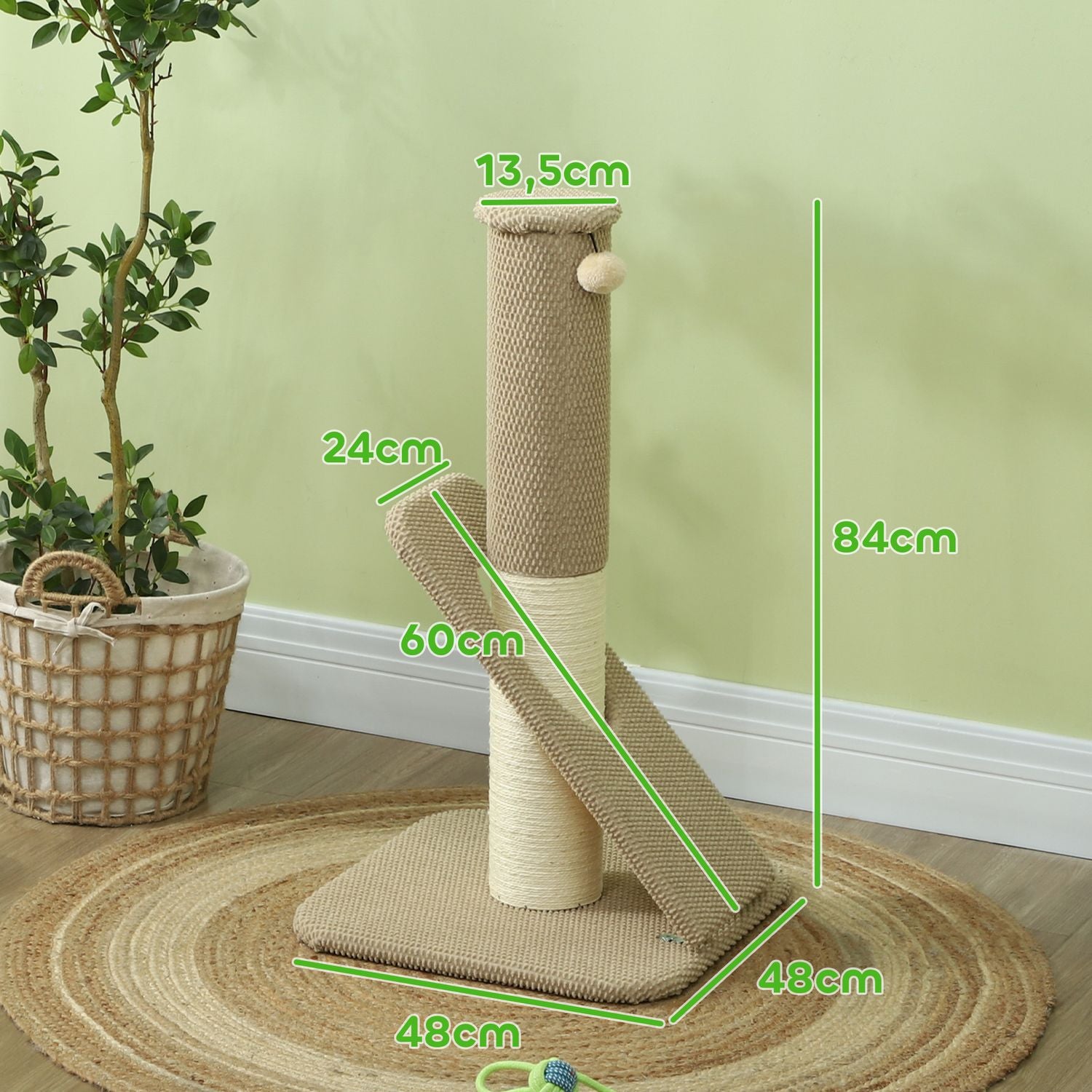 Sisal kattskrapstolpe med lekboll, inomhus, 84cm