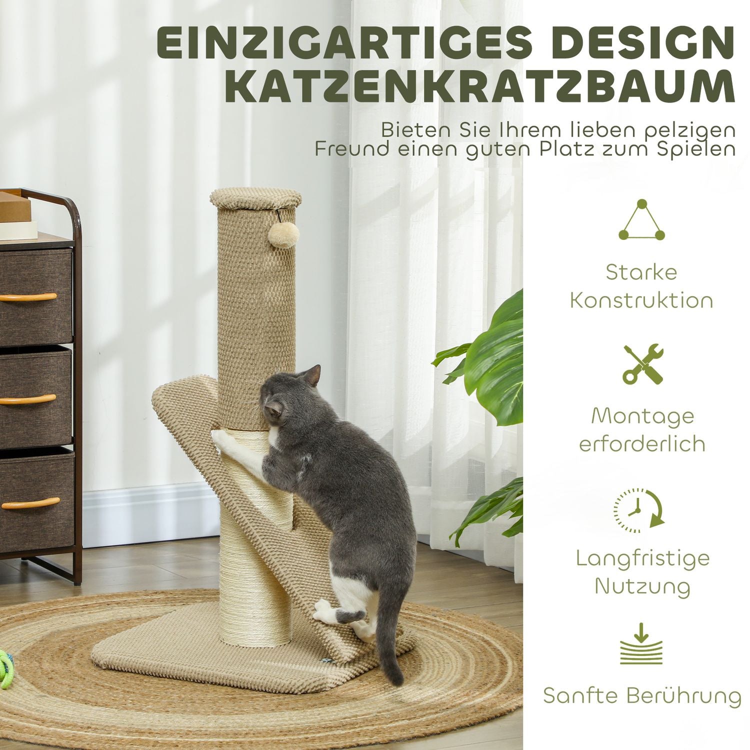 Sisal kattskrapstolpe med lekboll, inomhus, 84cm