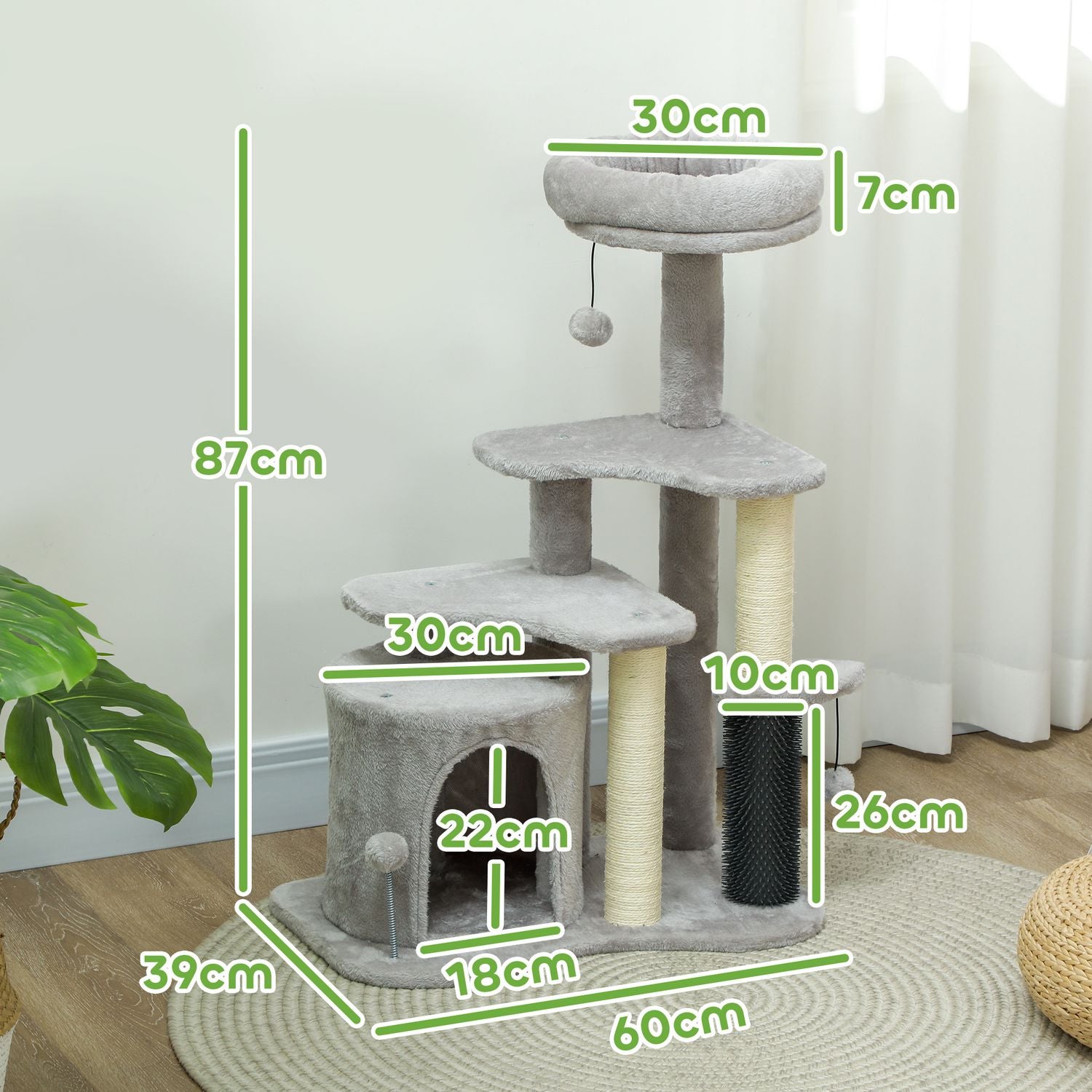 Kattträd med grotta och säng, sisalstolpar, ljusgrå