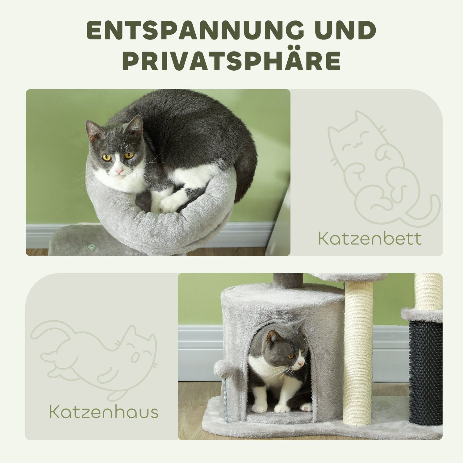 Kattträd med grotta och säng, sisalstolpar, ljusgrå