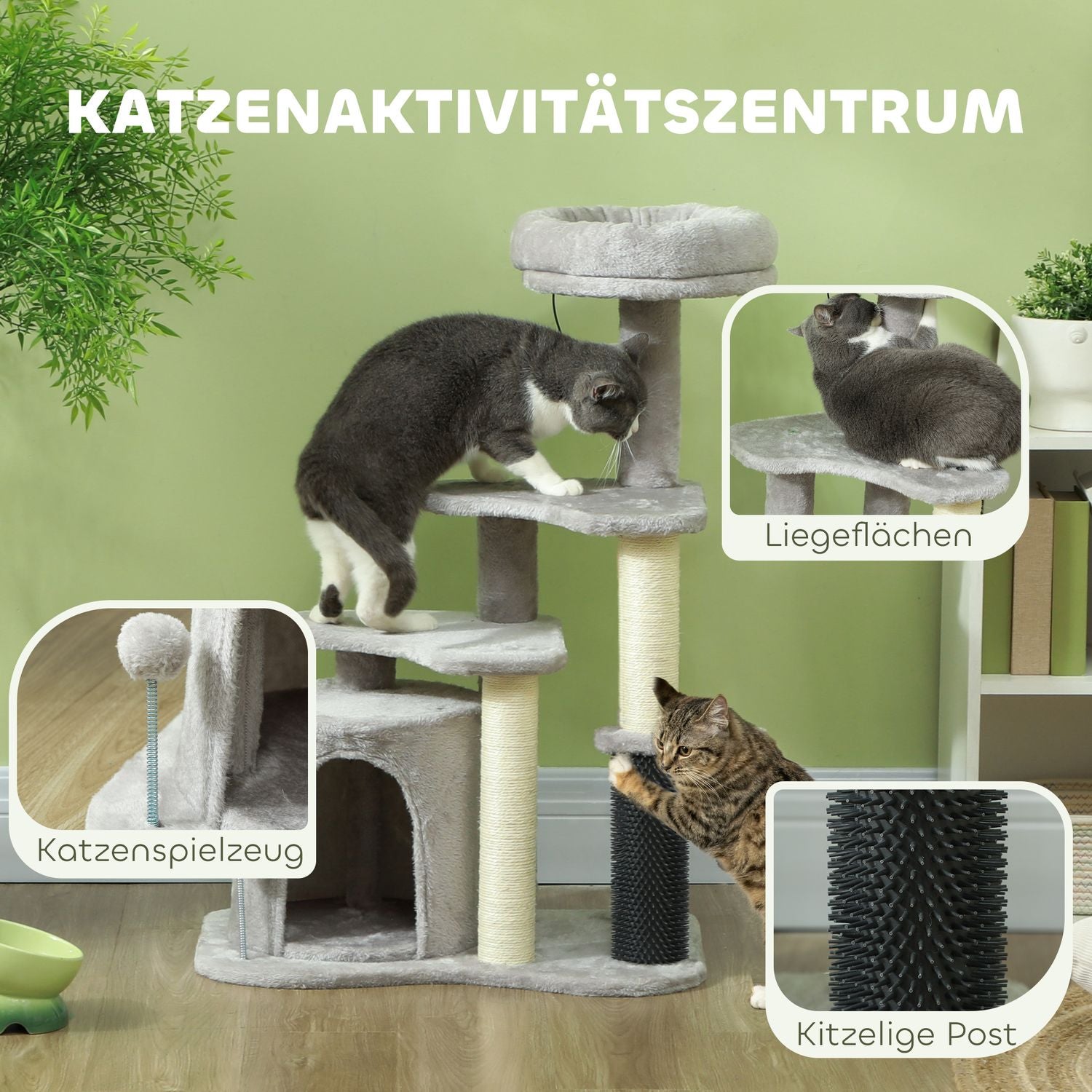 Kattträd med grotta och säng, sisalstolpar, ljusgrå