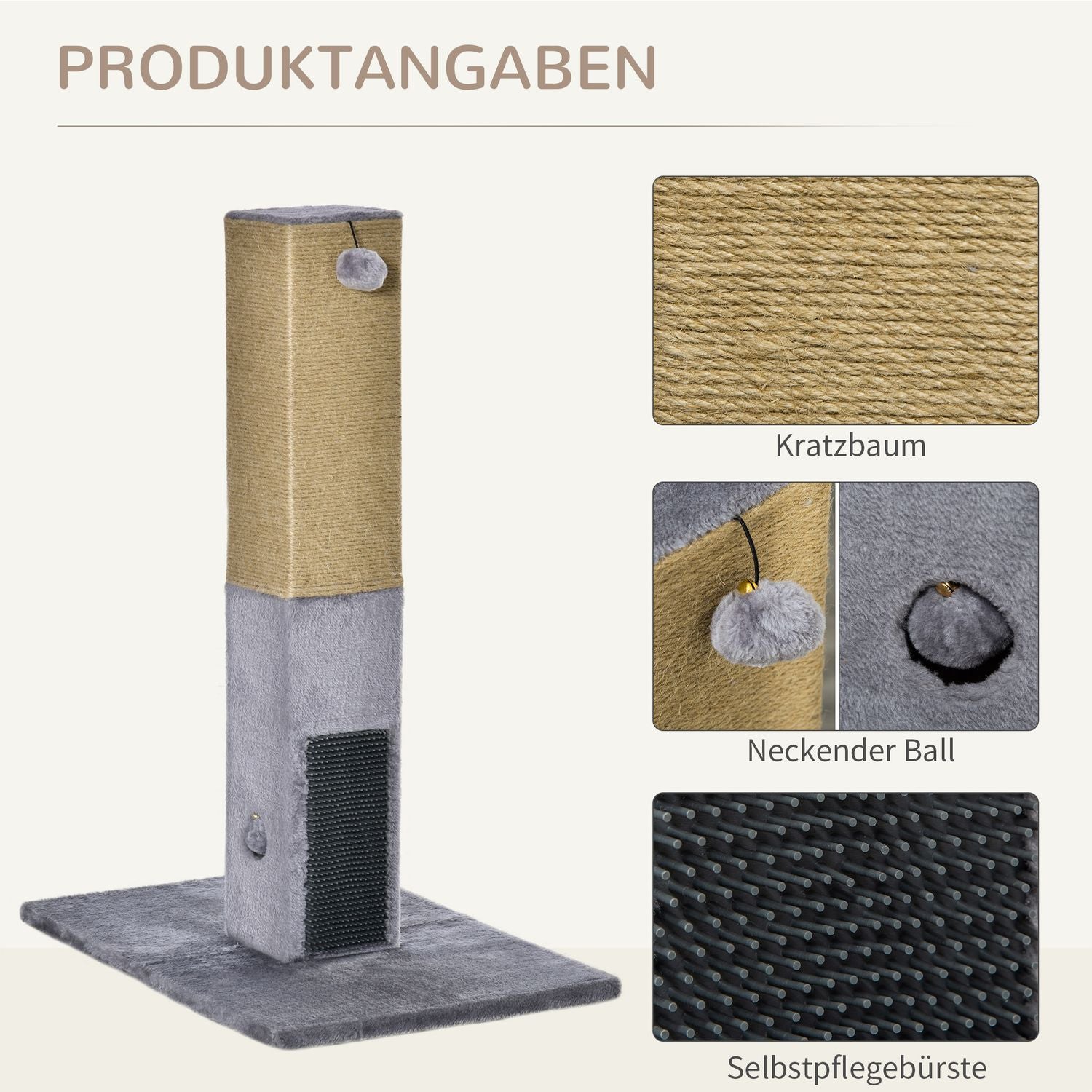 Kattskrapstolpe, 79 cm, jute rep & plyschleksaker
