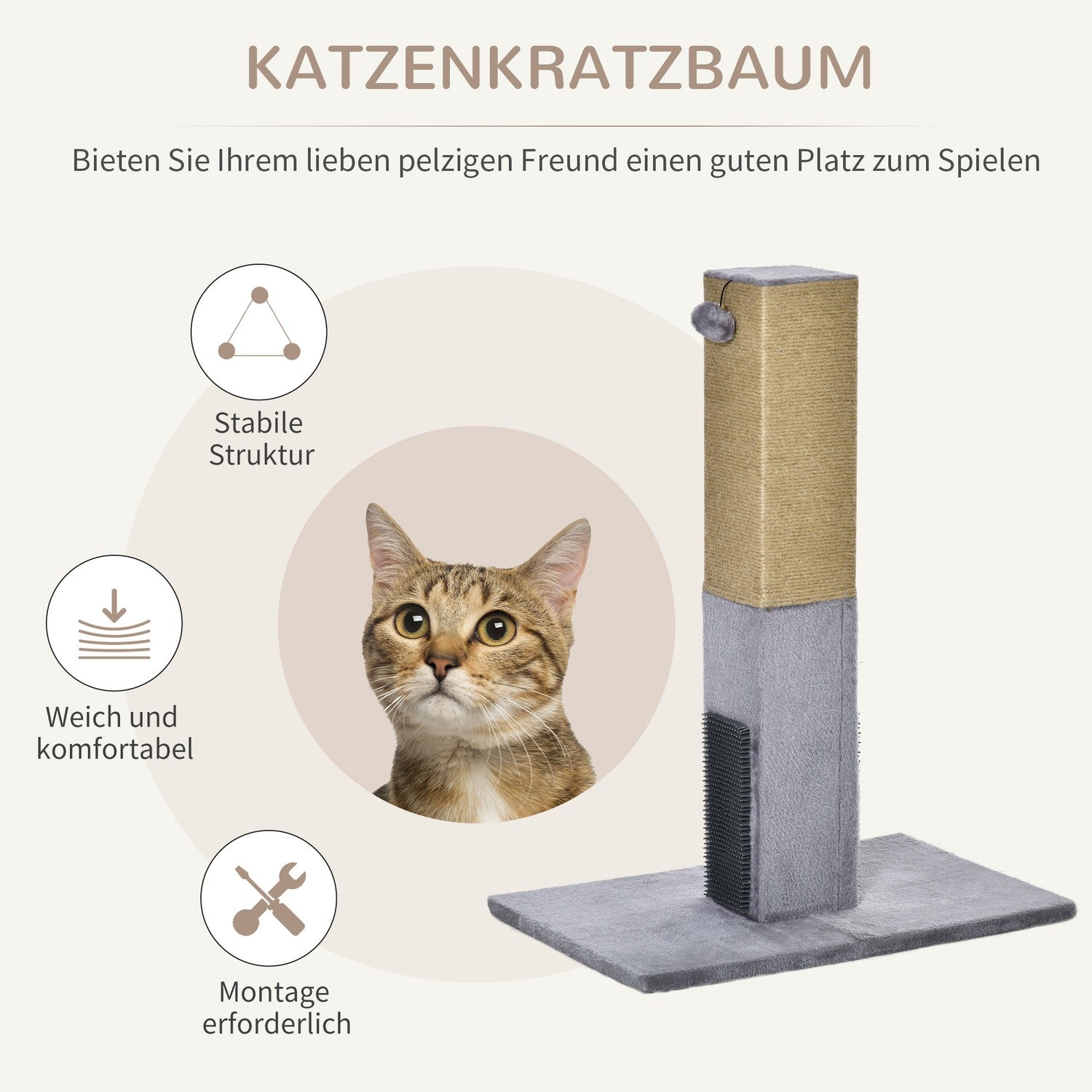 Kattskrapstolpe, 79 cm, jute rep & plyschleksaker
