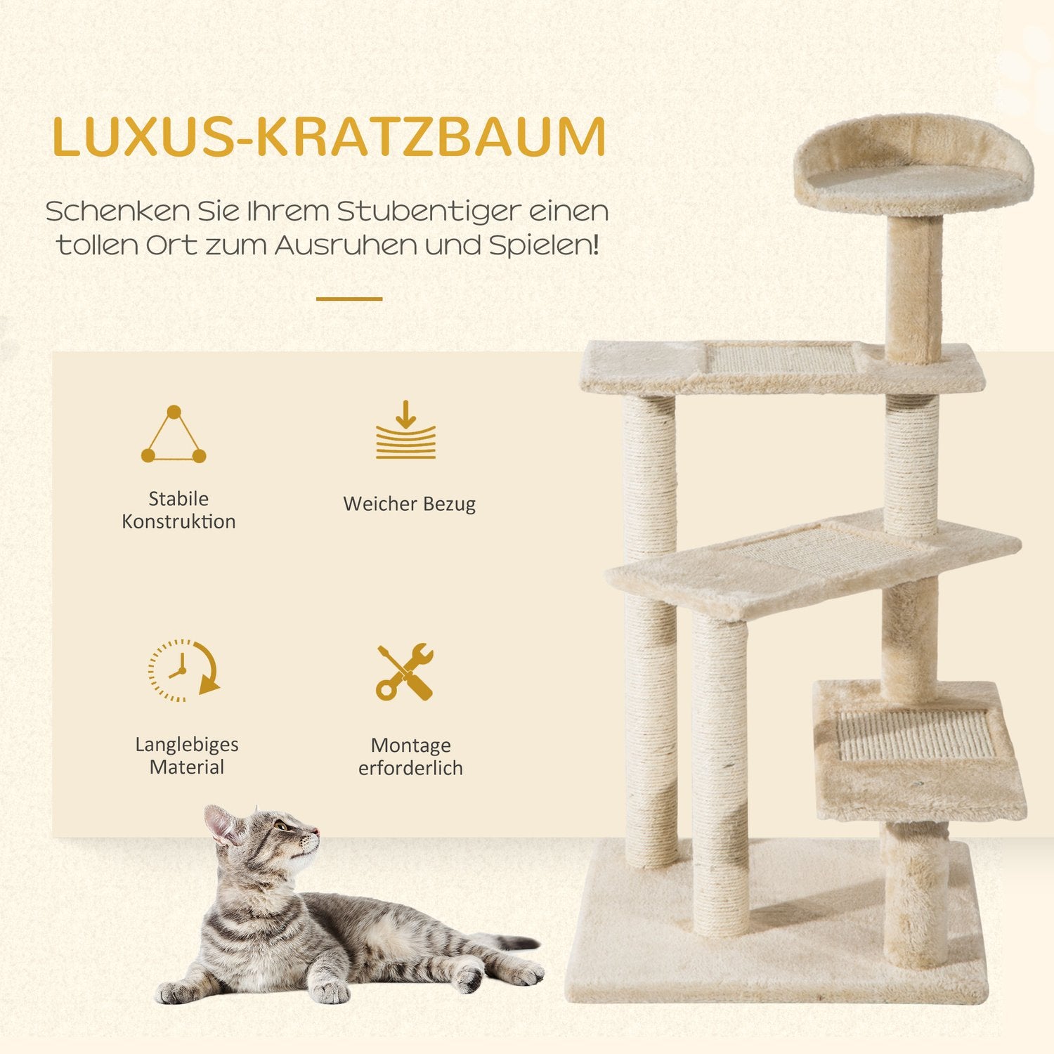 Kattskrapstolpe, sisalkolonner, beige, 50x50x100 cm