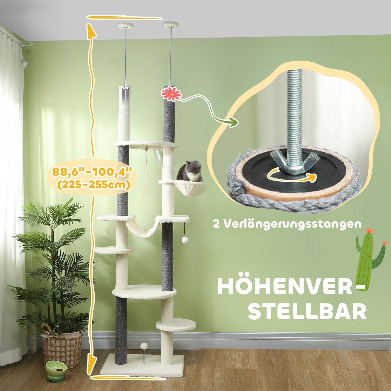 Kattträd med högt i tak, 225-255 cm, med hängmattor och korgar