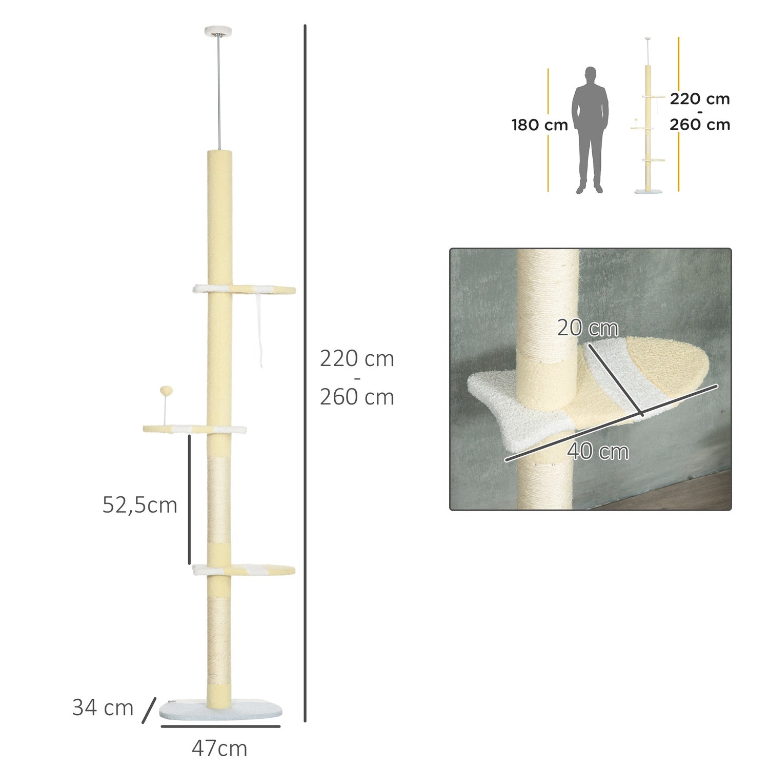Justerbar kattskrapstolpe med lekboll, 220-260 cm