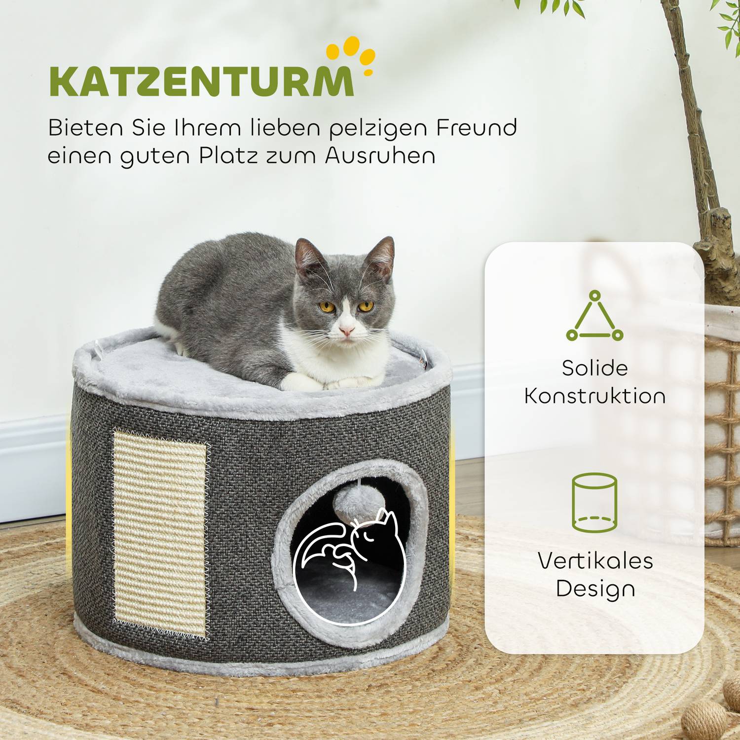 Mörkgrå katttorn – 30 cm sisalfat med grotta