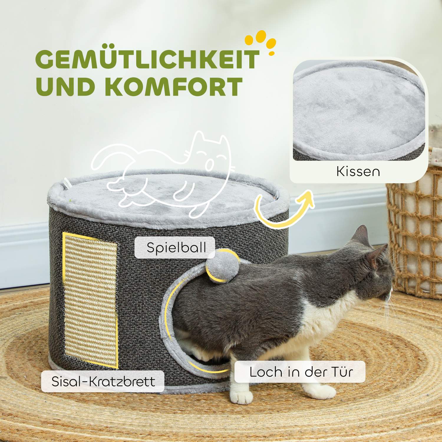 Mörkgrå katttorn – 30 cm sisalfat med grotta
