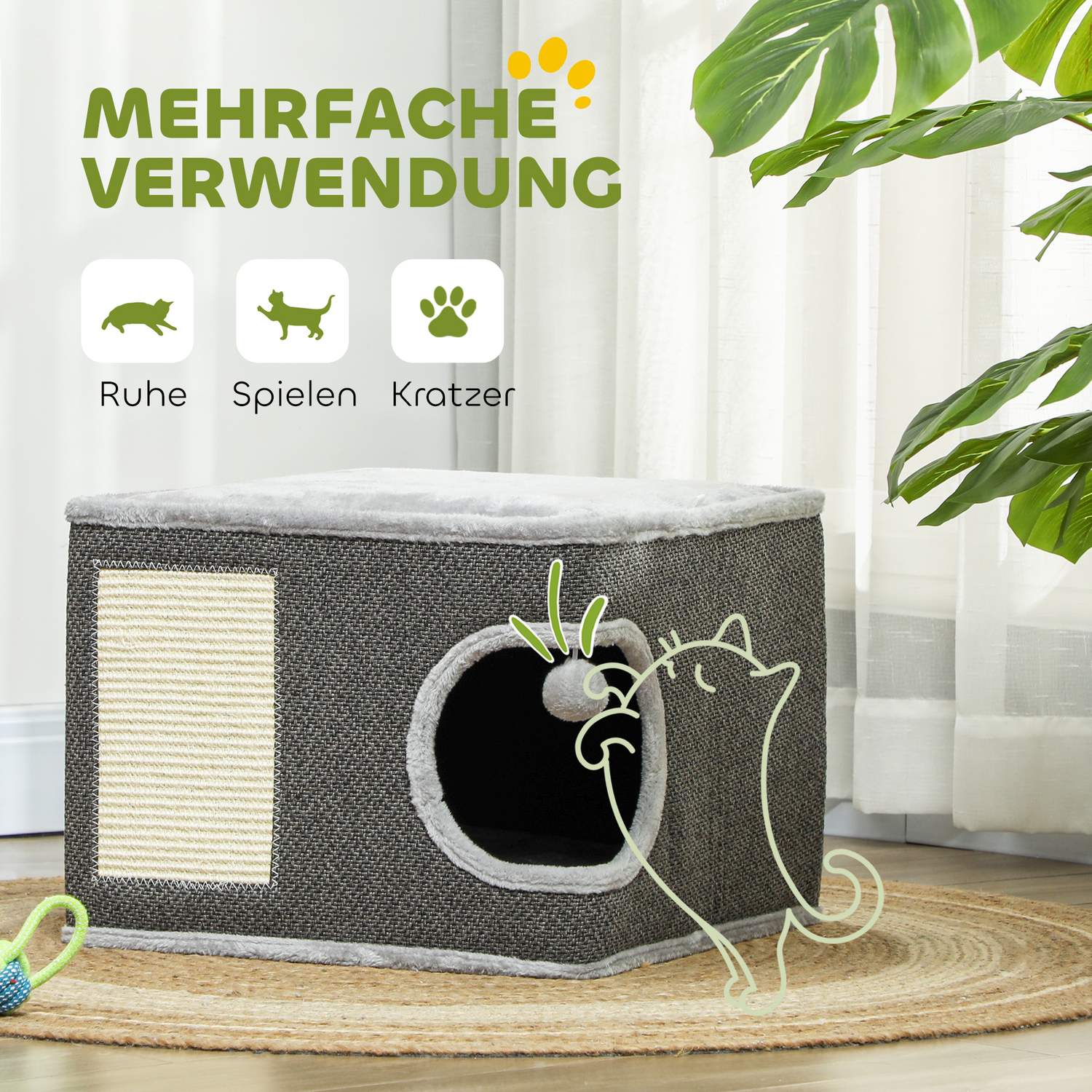 Katttorn med grotta, sisalstolpe & lekboll, 35 cm